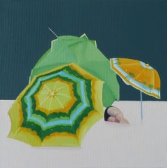 Sunshades - Peinture à l'huile figurative contemporaine, vue de plage, colorée et joyeuse 