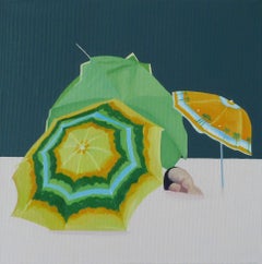 Sonnenschirme – zeitgenössisches figuratives Ölgemälde, Strandansicht, farbenfrohes, fröhliches