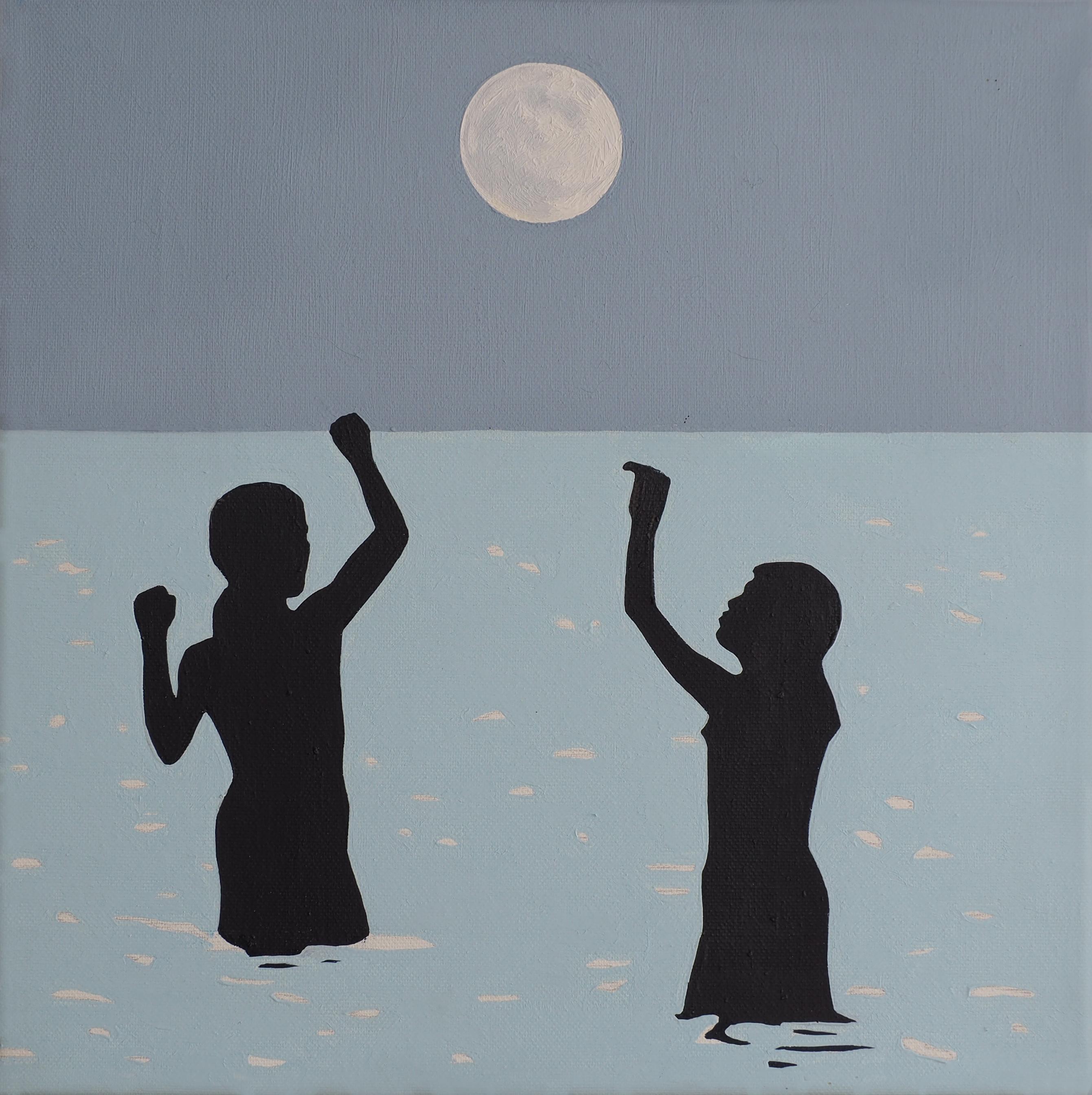 La Lune - Peinture à l'huile figurative moderne, vue sur la mer, paysage, art romantique