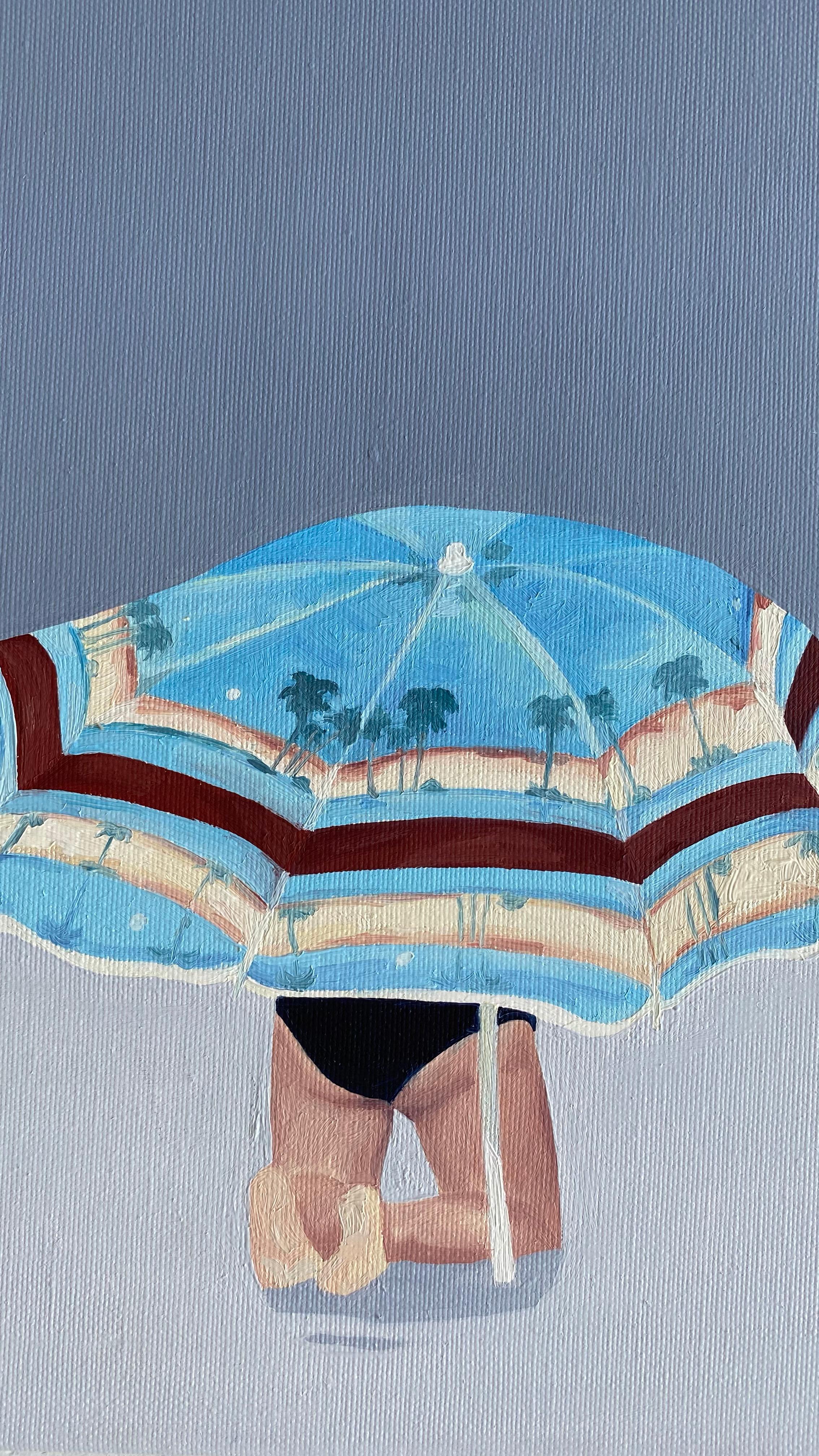 La Oración - Pintura al óleo figurativa moderna, vista de la playa, paisaje, parasol - Painting de Julita Malinowska