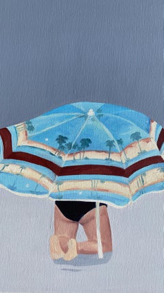 La preghiera - Pittura a olio figurativa moderna, vista sulla spiaggia, paesaggio, parasole