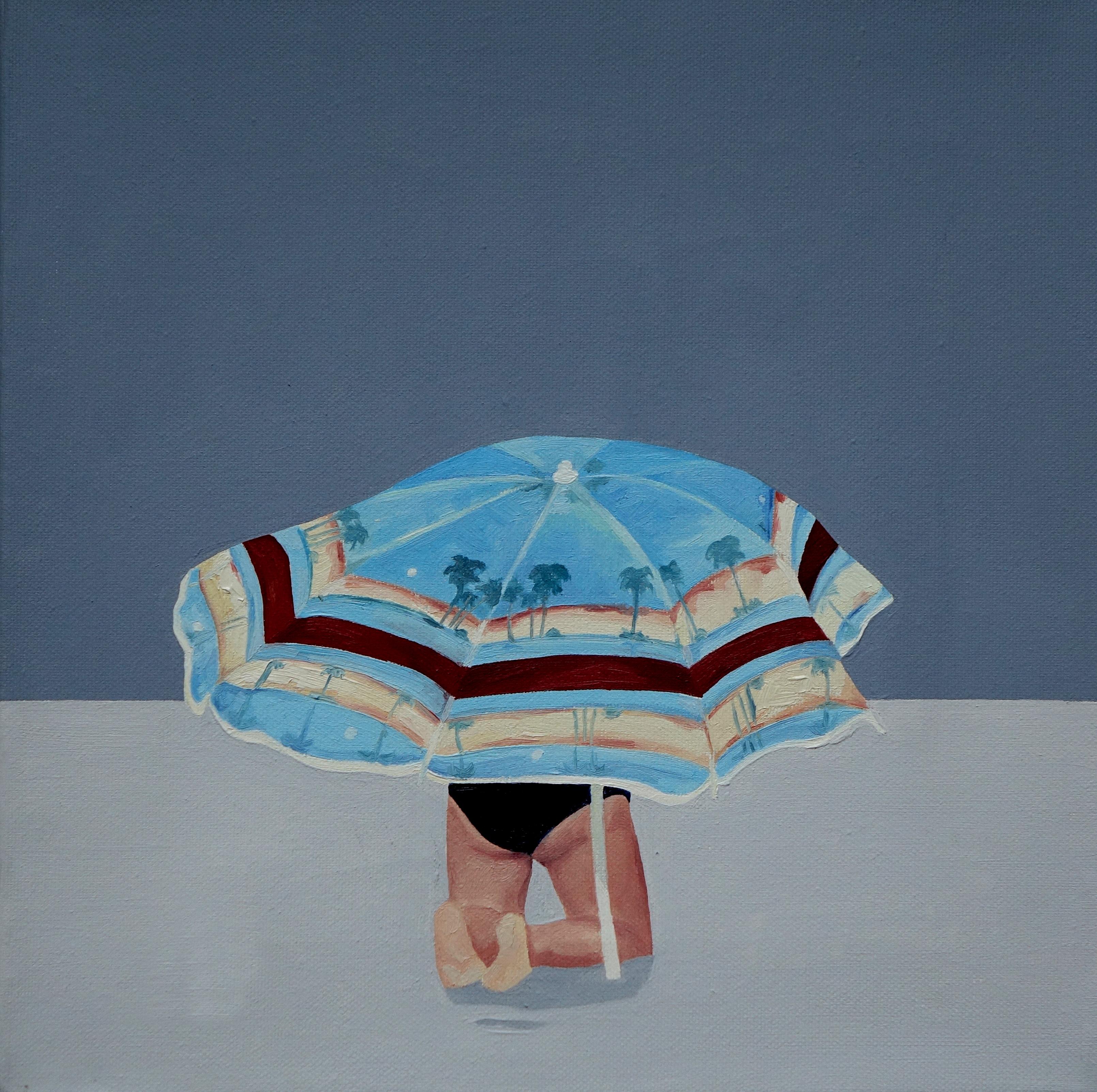 Julita Malinowska Abstract Painting - The Prayer - Modern Figurative Oil Painting, Beach View, Landscape, Sunshade