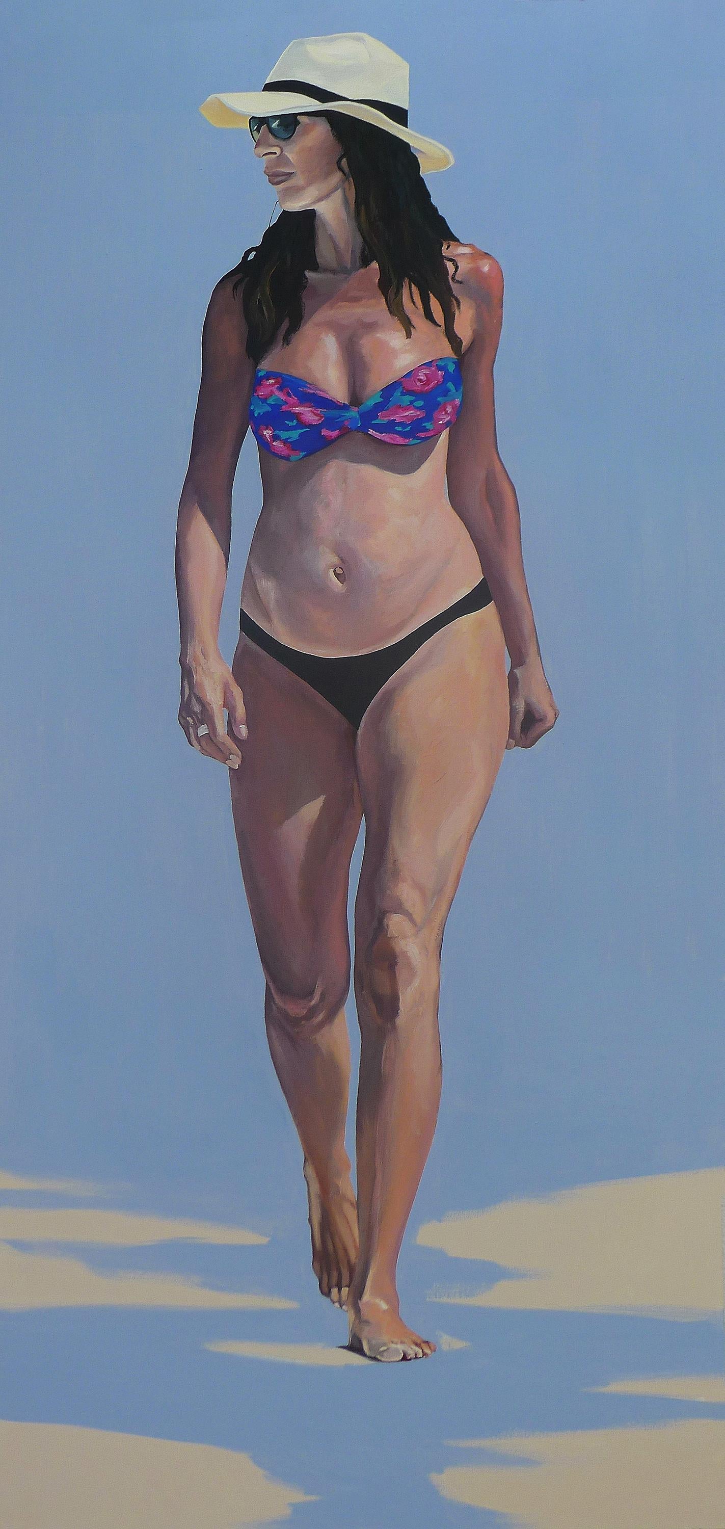 The Walk - Peinture à l'huile figurative contemporaine, mer, vue de plage, réalisme, femme