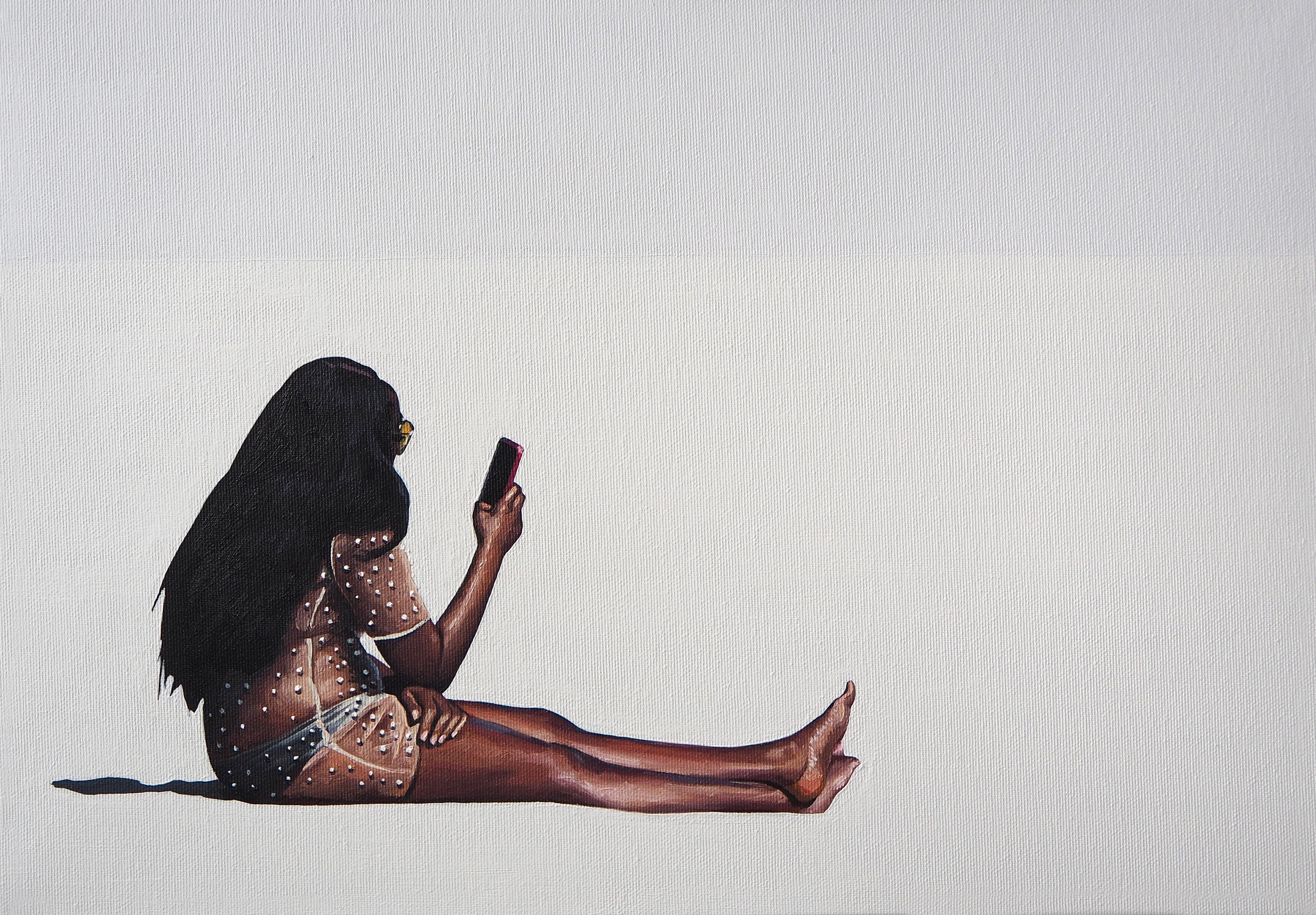 Venus con un Smartphone  2  - Pintura al óleo figurativa moderna, Vista de la playa, Mujer