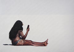 Venus con un Smartphone  2  - Pintura al óleo figurativa moderna, Vista de la playa, Mujer