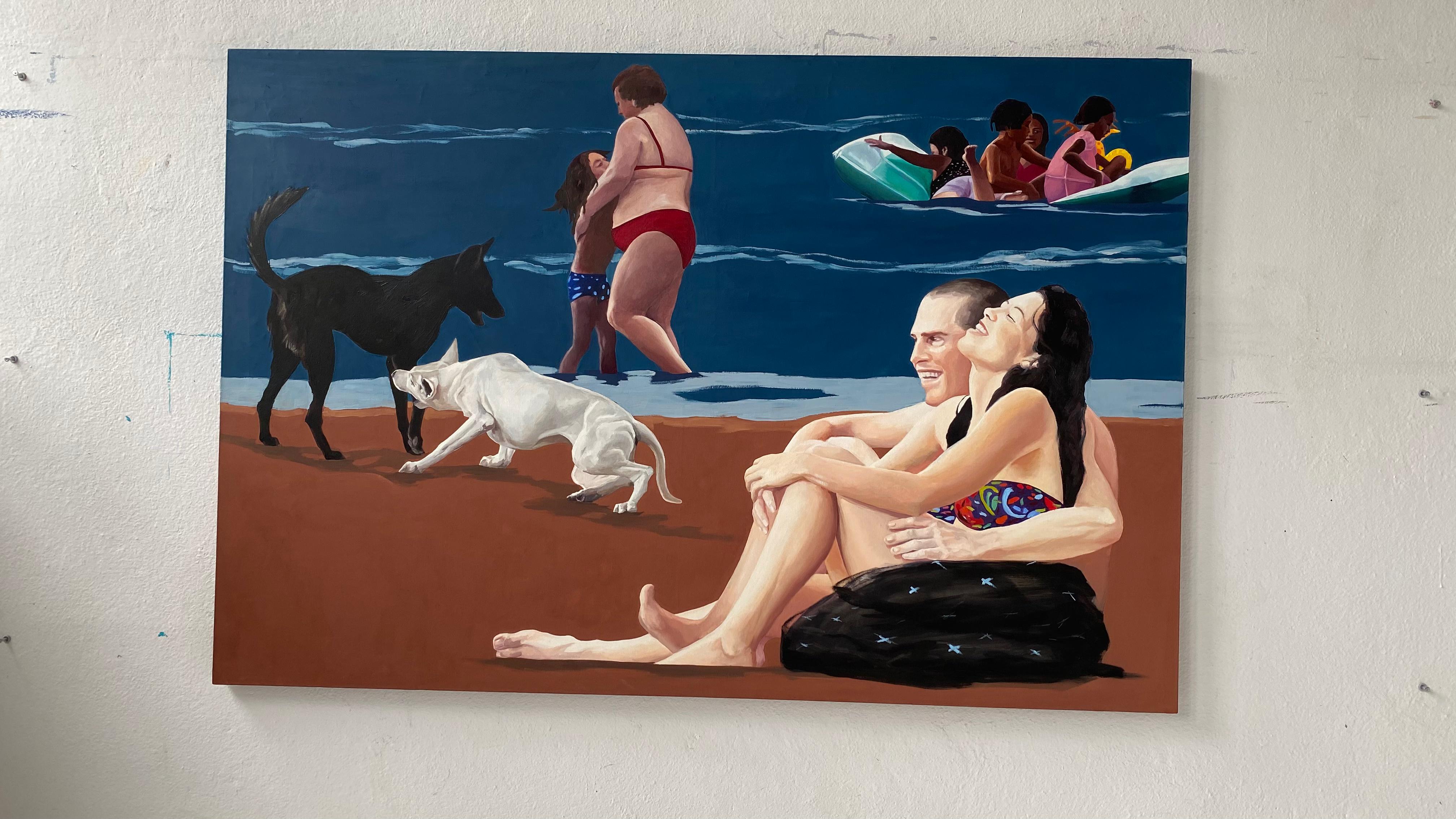 Victory II - Contemporary Figurative Oil Painting, Sea View, Realism, Dog, Beach - Black Figurative Painting by Julita Malinowska