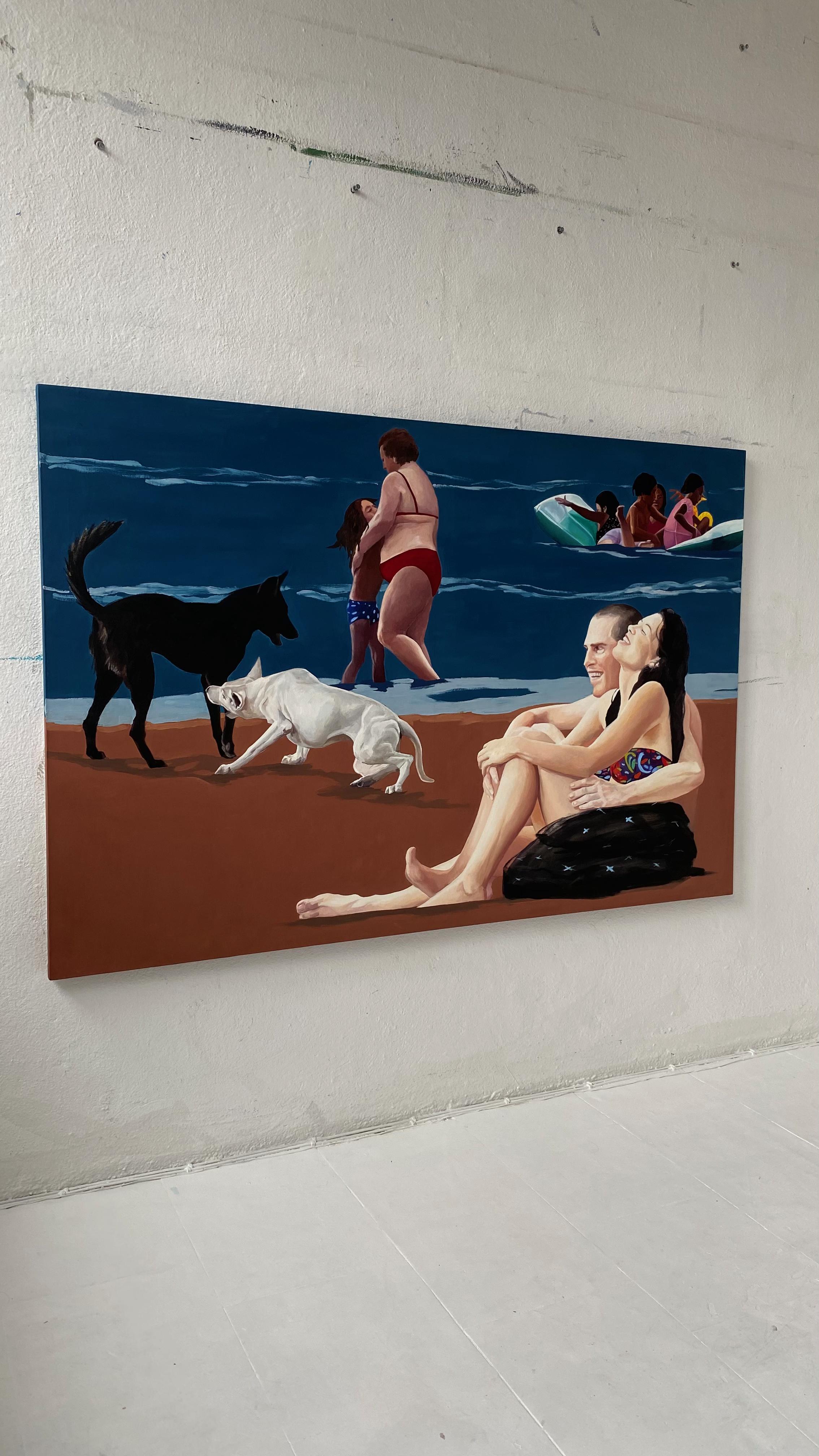 Victory II - Contemporary Figurative Oil Painting, Sea View, Realism, Dog, Beach For Sale 1