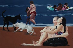 Peinture à l'huile figurative contemporaine Victory II, Vue de la mer, réalisme, chien, plage