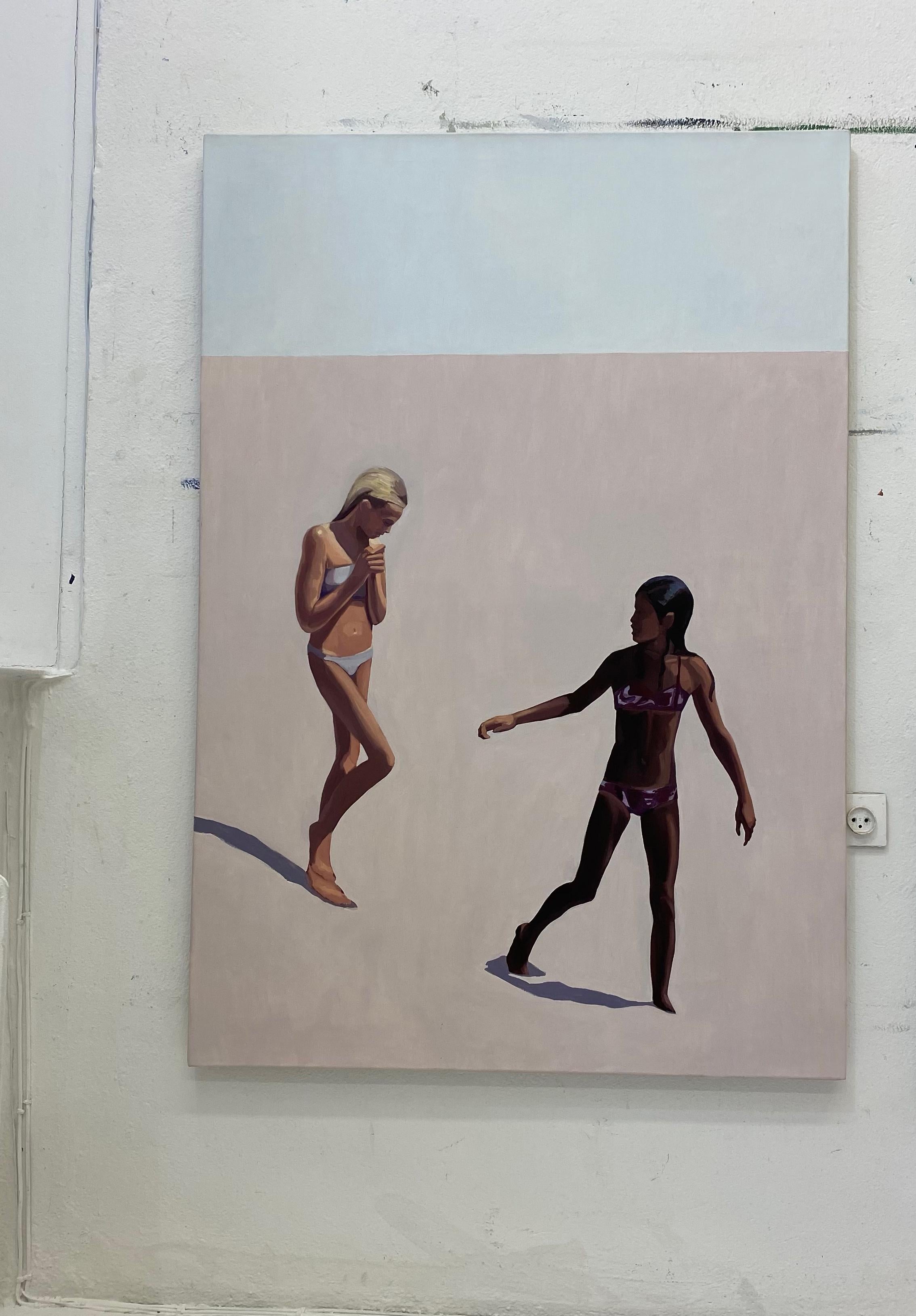 Walking - Peinture à l'huile figurative contemporaine, réalisme, vue de plage, minimalisme - Painting de Julita Malinowska