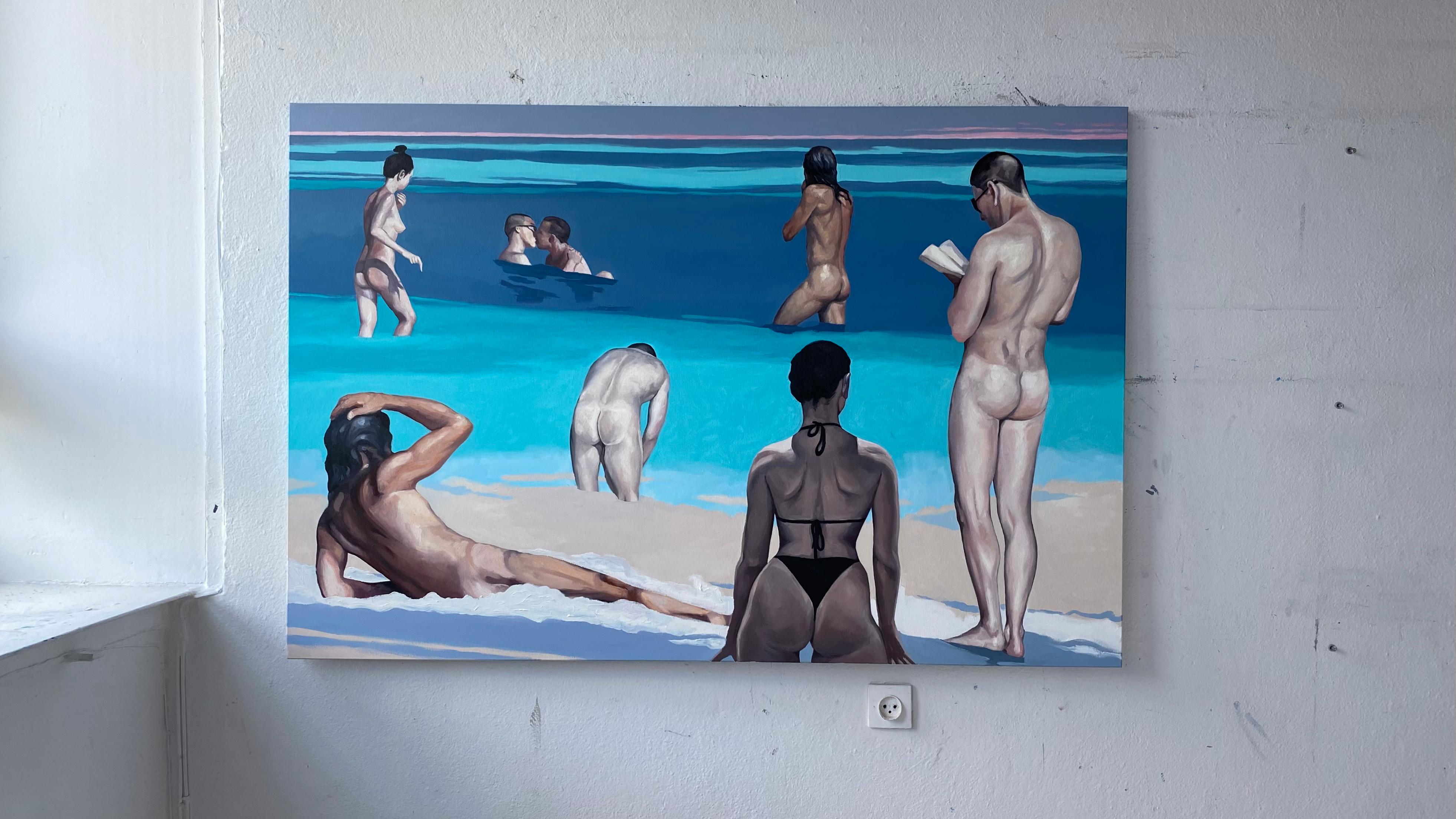Diálogo V - Pintura al óleo figurativa contemporánea, Vista de la playa, Gente, Desnudo - Painting de Julita Malinowska