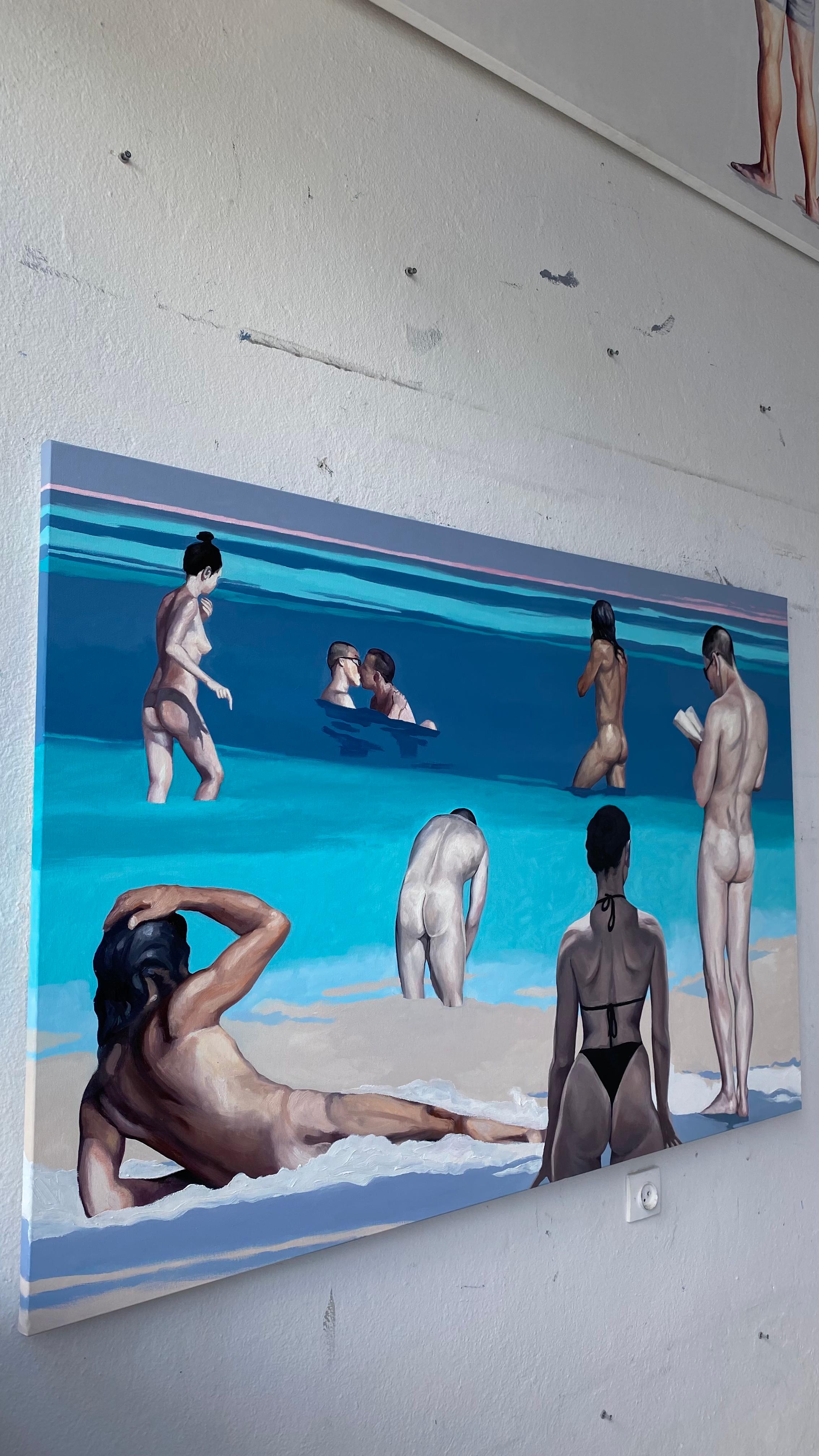 Dialogue V - Contemporary Figurative Oil Painting, Beach View, People, Nude  - Blue Nude Painting by Julita Malinowska