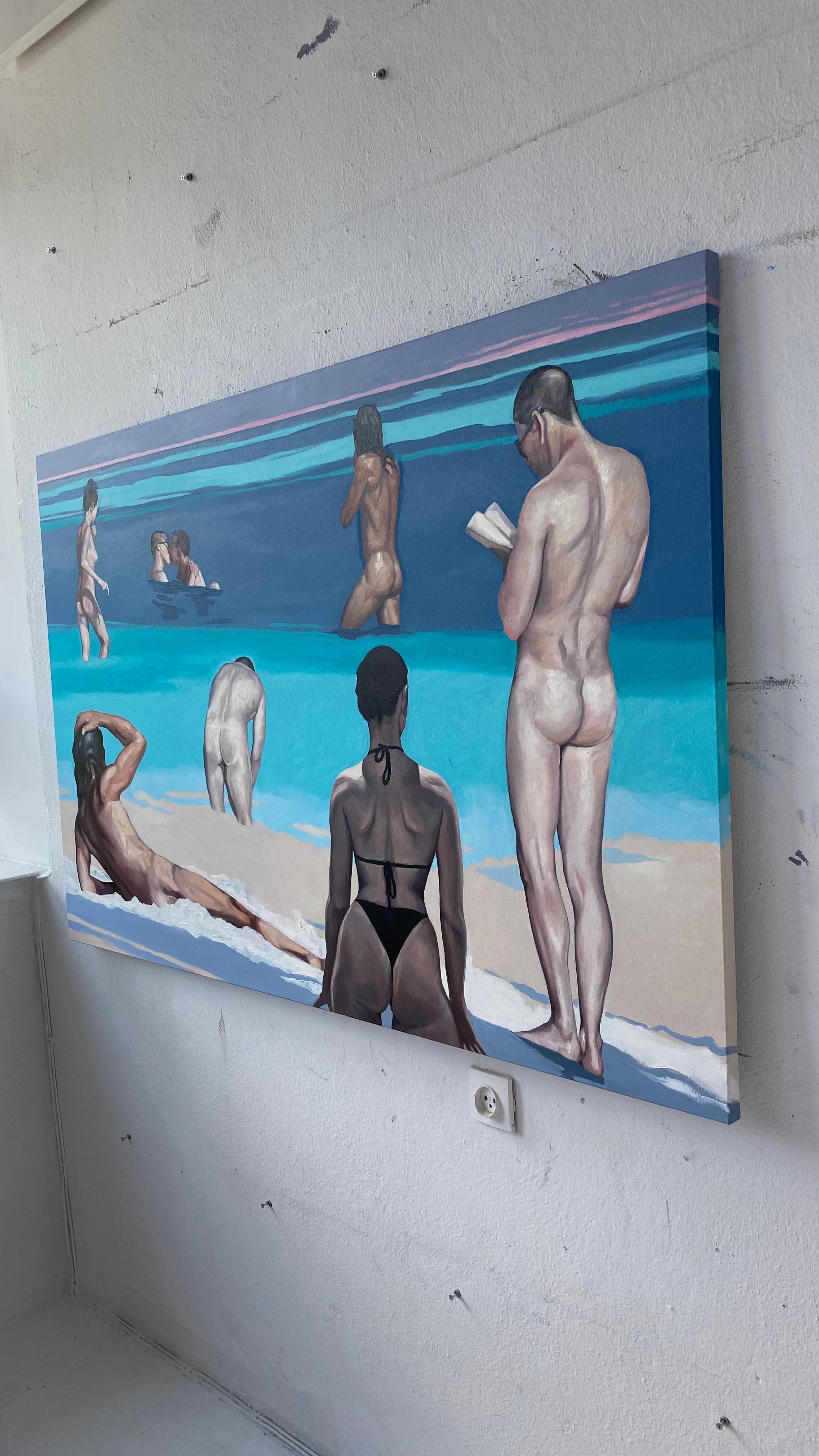 Dialogue V - Peinture à l'huile figurative contemporaine, Vue de plage, Personnage, Nu  - Bleu Nude Painting par Julita Malinowska