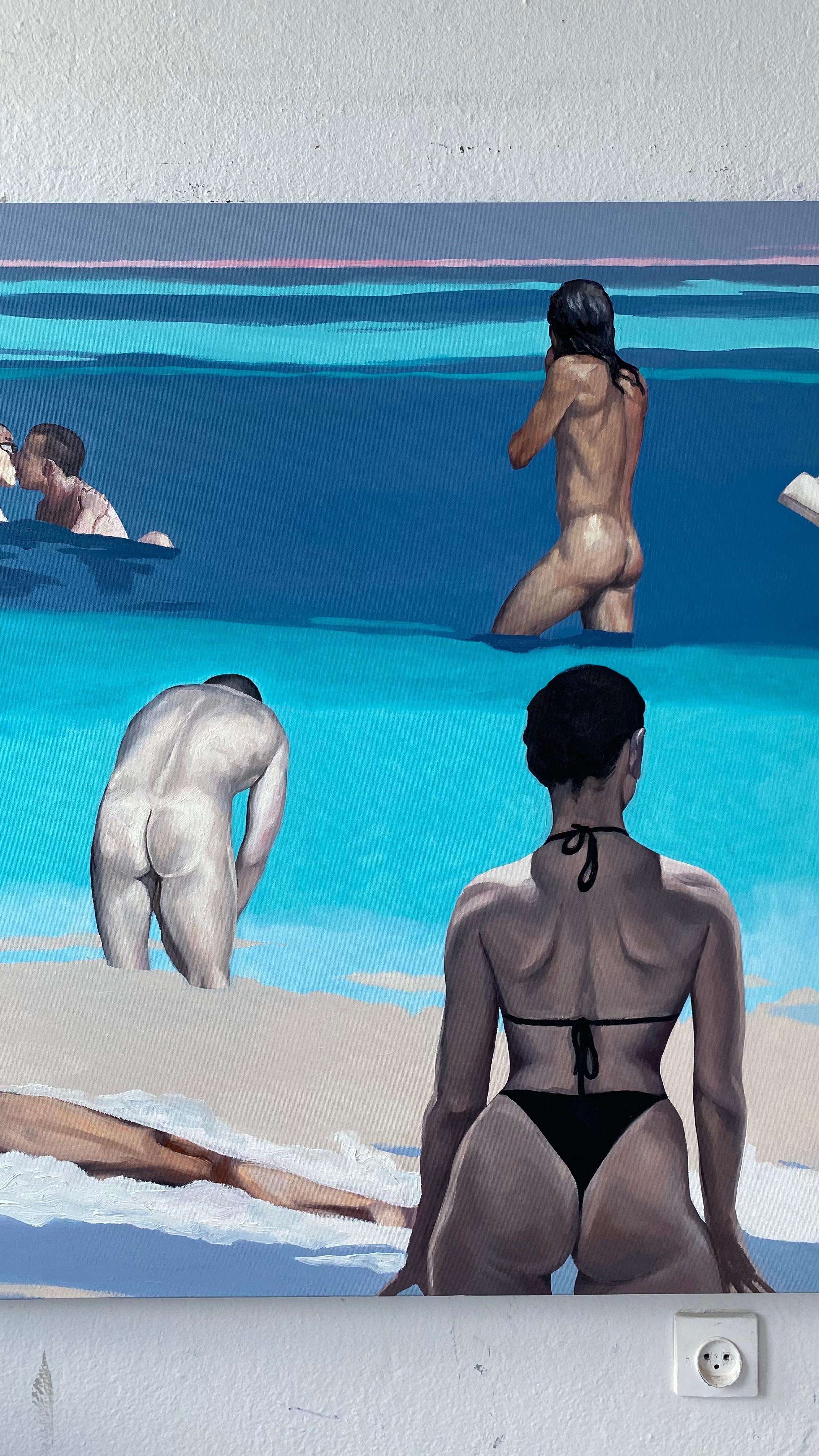 Diálogo V - Pintura al óleo figurativa contemporánea, Vista de la playa, Gente, Desnudo en venta 1