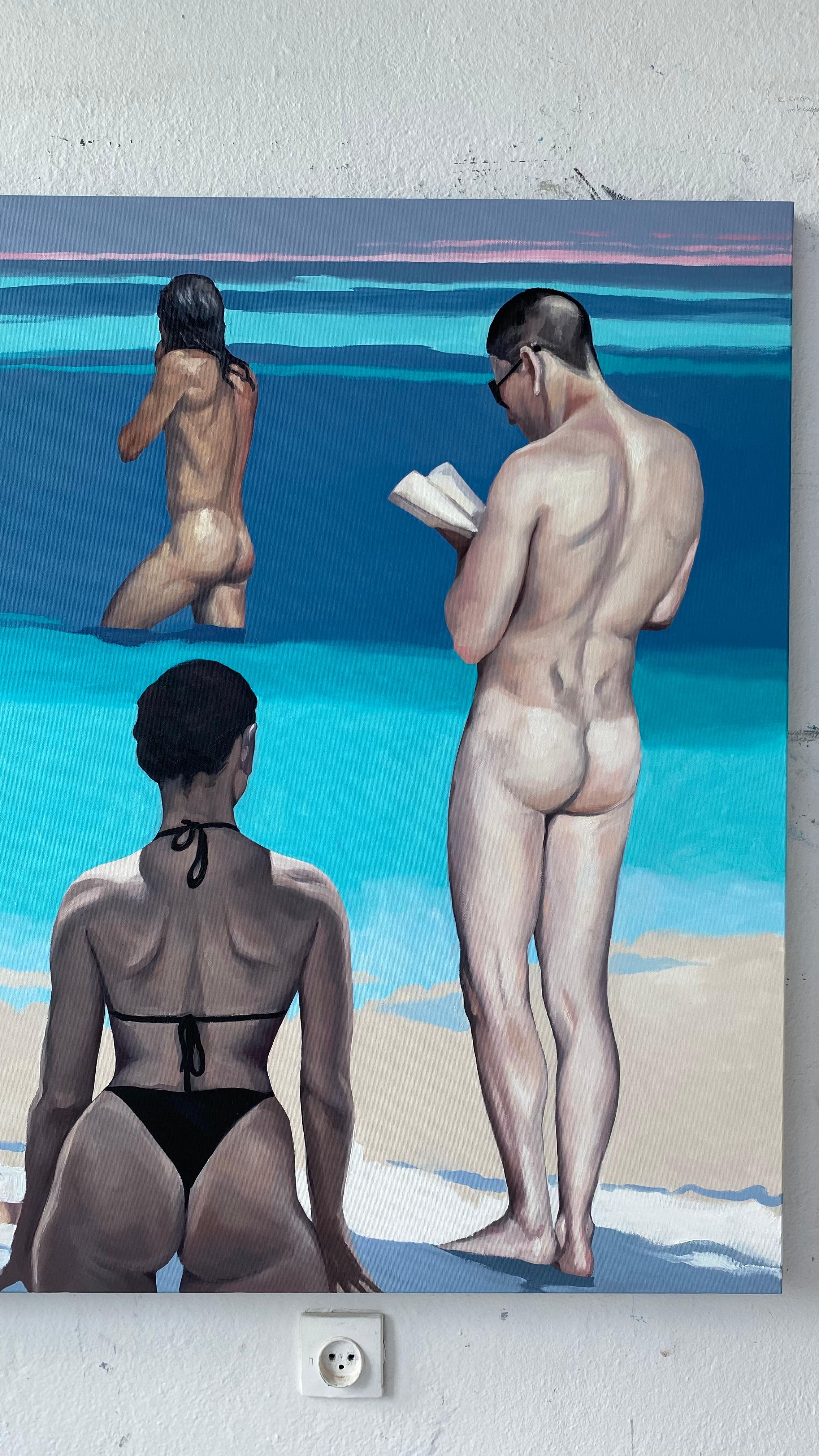 Dialogue V - Peinture à l'huile figurative contemporaine, Vue de plage, Personnage, Nu  en vente 2