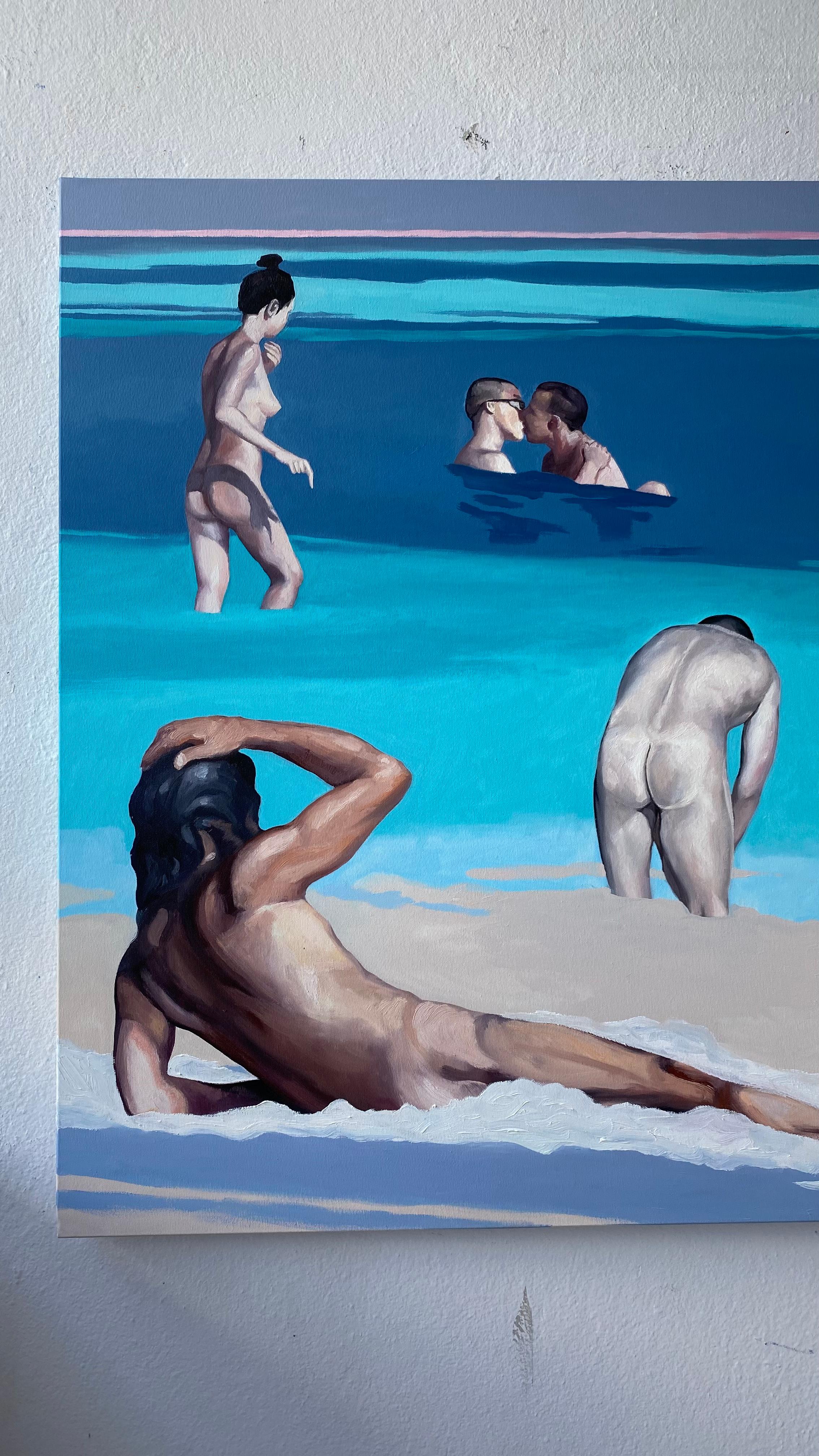 Diálogo V - Pintura al óleo figurativa contemporánea, Vista de la playa, Gente, Desnudo en venta 3