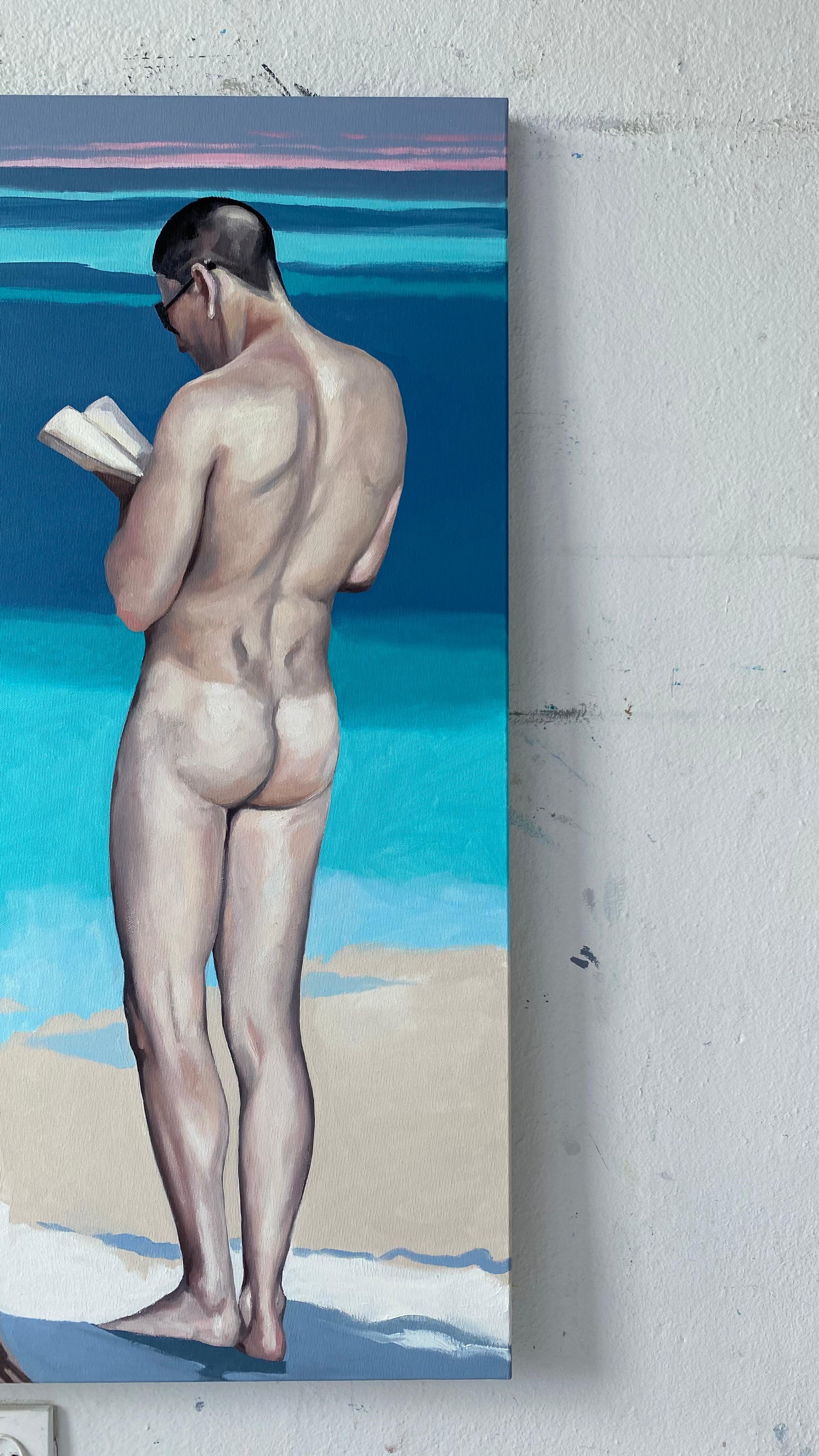 Diálogo V - Pintura al óleo figurativa contemporánea, Vista de la playa, Gente, Desnudo en venta 4