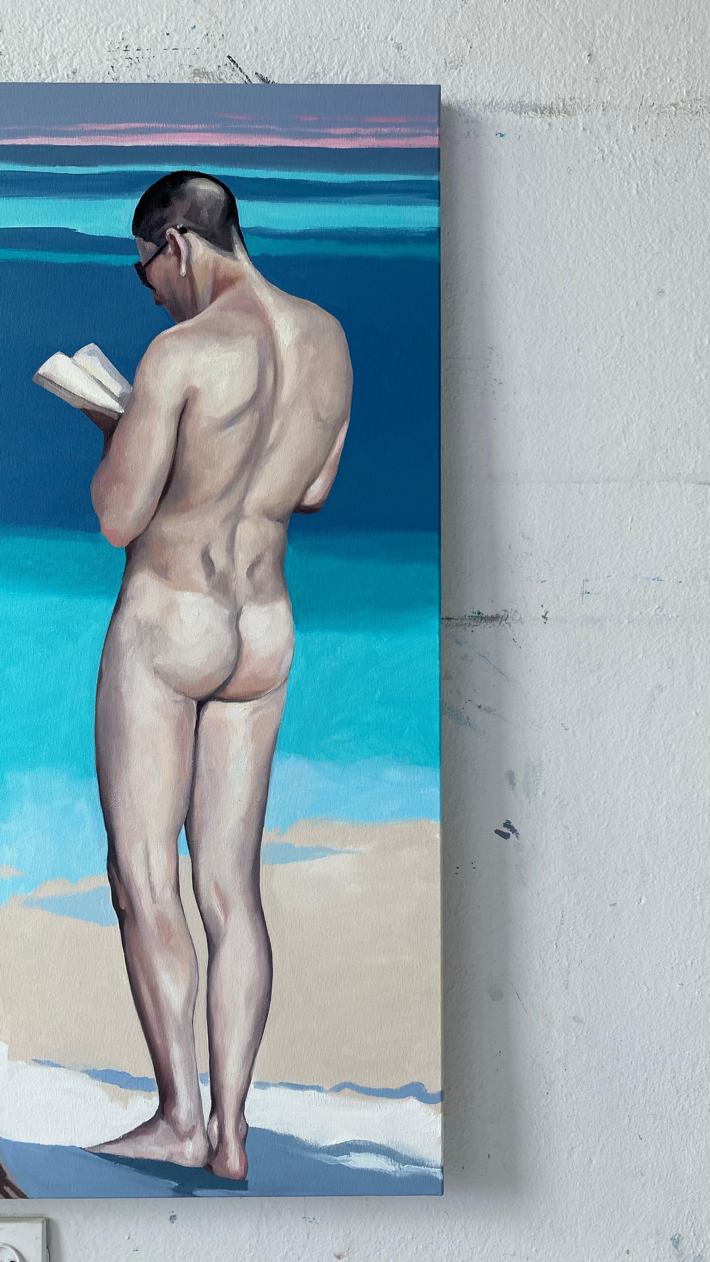 Dialogue V - Peinture à l'huile figurative contemporaine, Vue de plage, Personnage, Nu  en vente 4