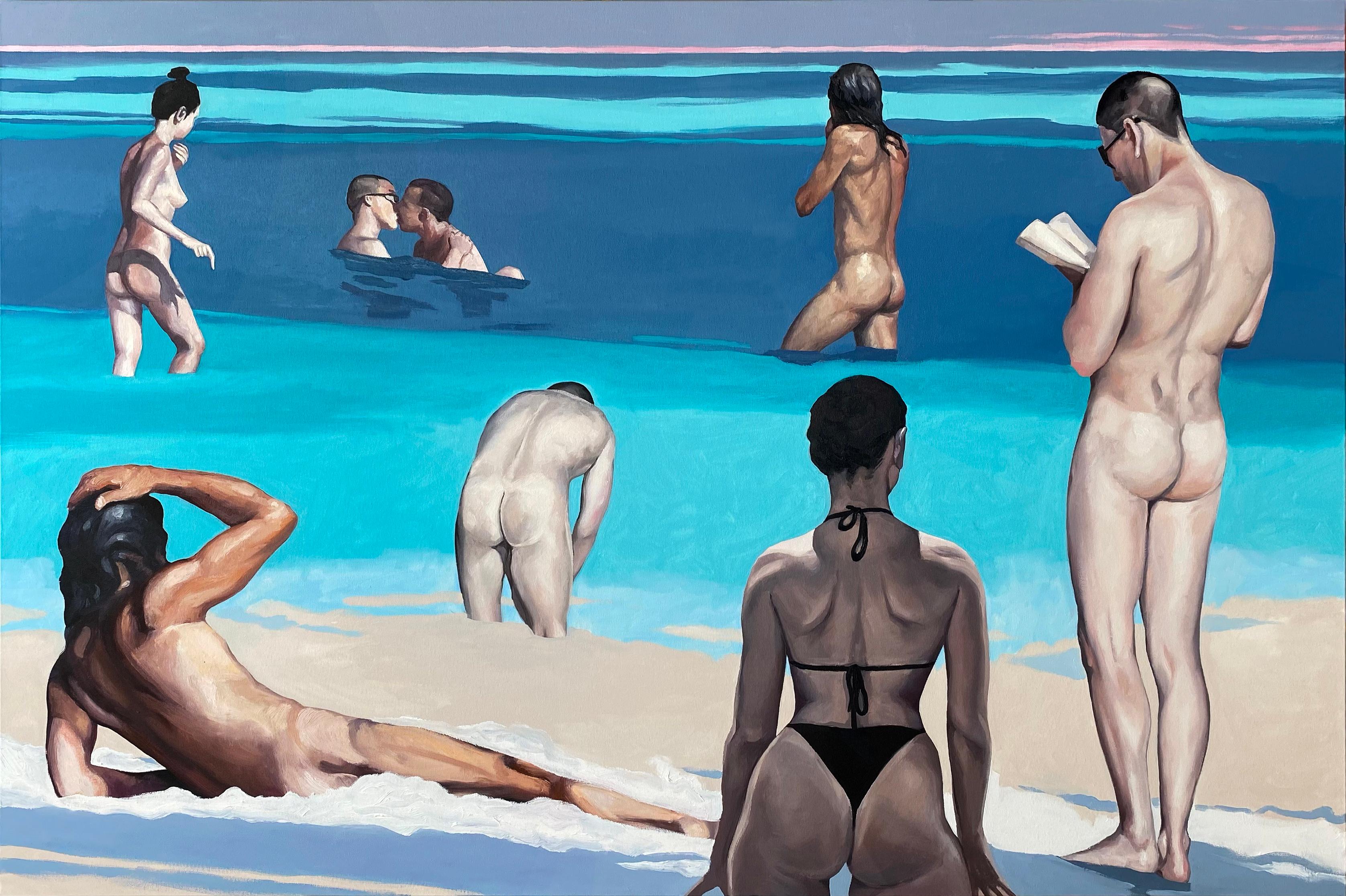 Dialogue V - Contemporary Figurative Oil Painting, Beach View, People, Nude 