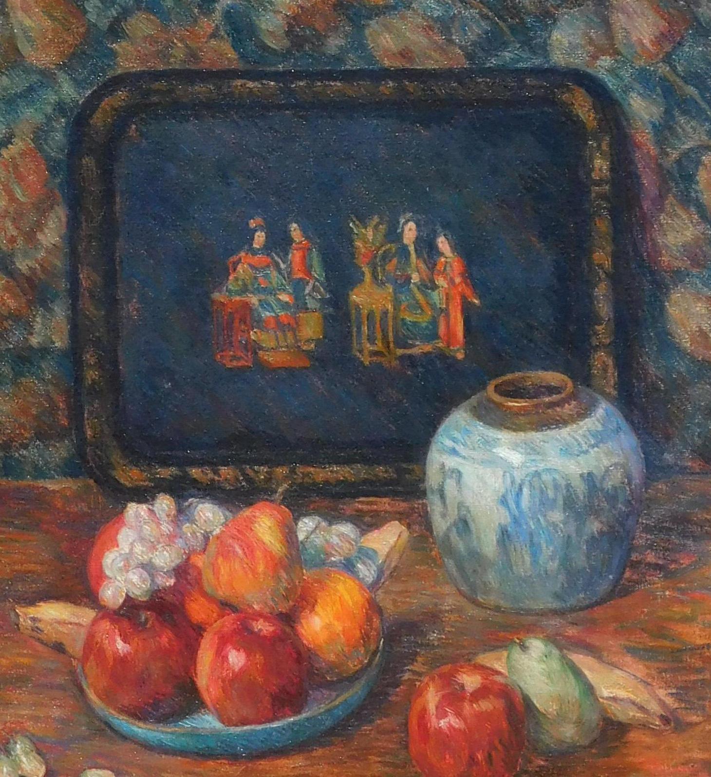 Stillleben Gemälde - Chinesisches Tablett mit Obst – Painting von Julius Bloch