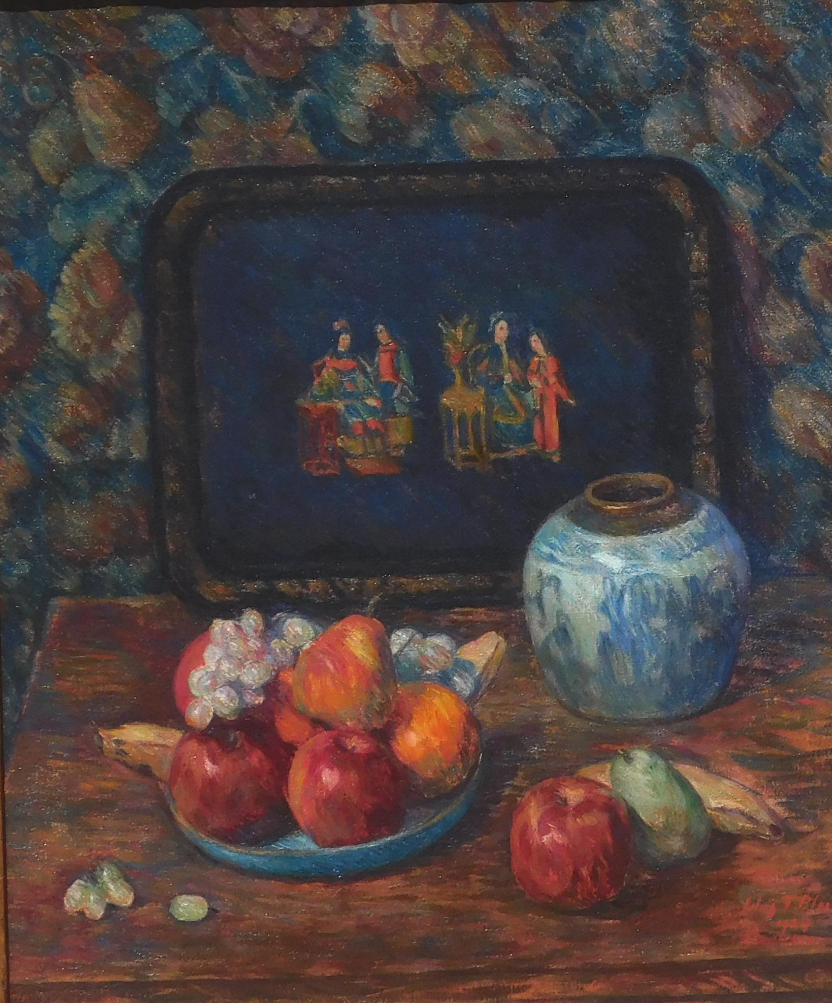 Julius Bloch (1888-1966) Deutsch/amerikanischer Maler - Schönes Stillleben Öl auf Leinwand.
Dieses schöne Werk aus den 1920er Jahren zeigt ein chinesisches Tablett mit blau-weißer Keramik und Früchten. Es ist in gutem Zustand für sein Alter, sondern