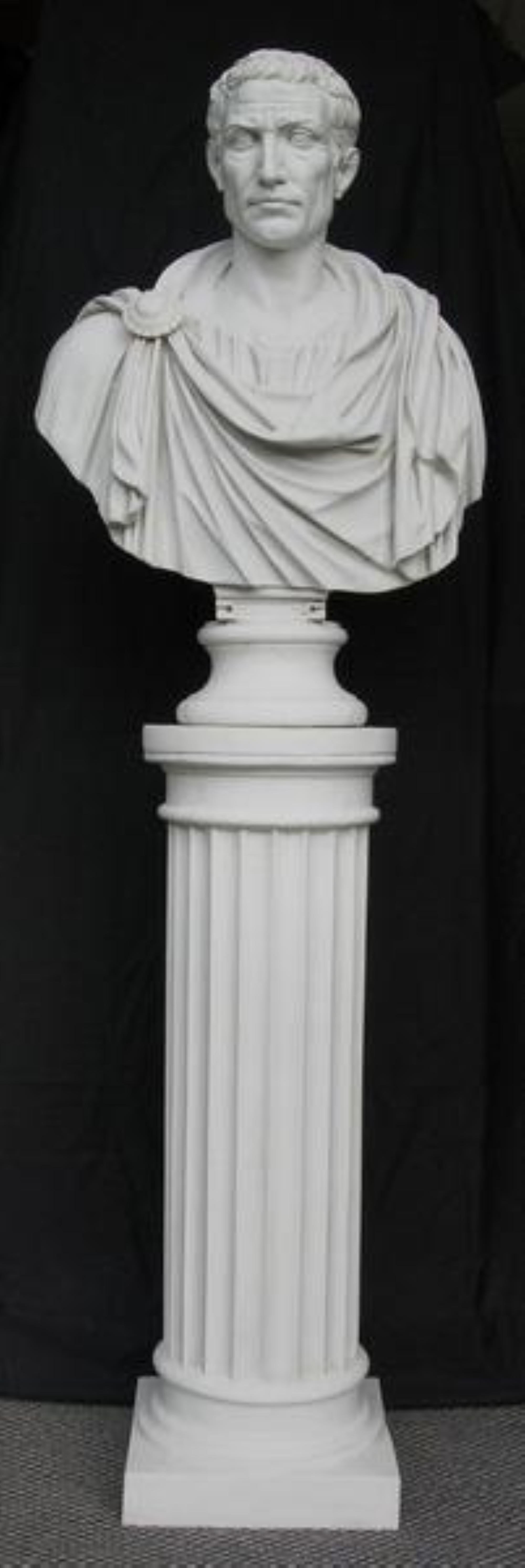 Julius Caesar bust sculpture, the Emperor wearing toga drapery.

A fine large library bust of Julius Caesar, probably the most famous of all Roman emperors.

Gaius Julius Caesar was a Roman general and statesman and a distinguished writer of