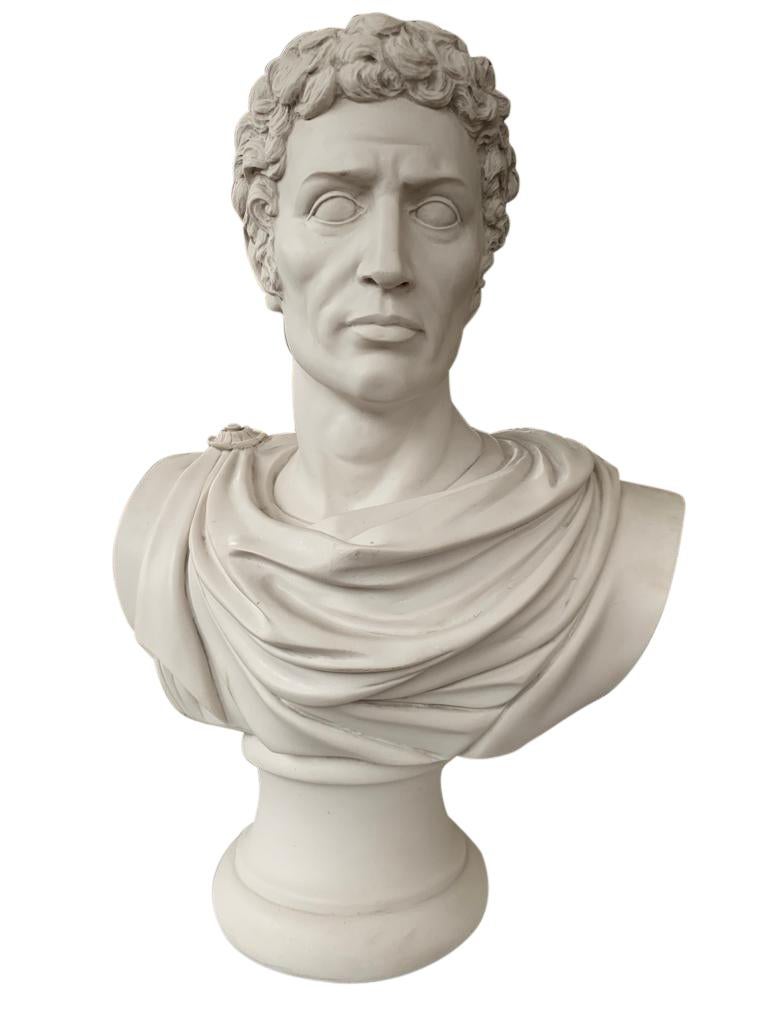 Classical Roman Julius Caesar Bust Sculpture ‘in Toga’ with Column, 20th Century For Sale