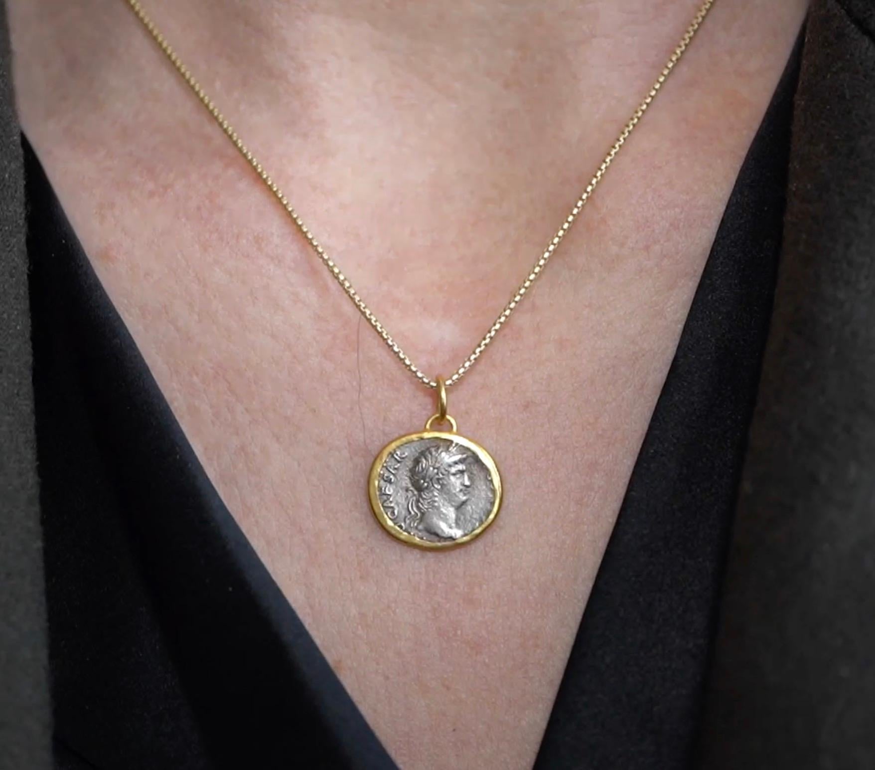 Classical Greek Julius Caesar Coin Replica Amulet Pendant Necklace with 24kt Gold and Silver