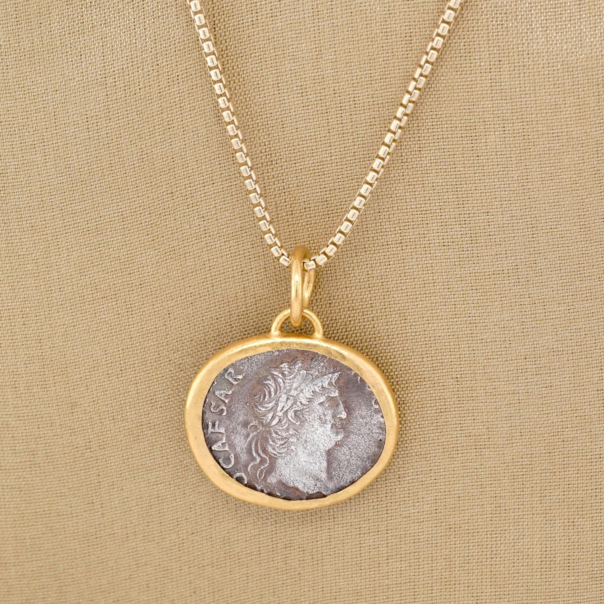 Round Cut Julius Caesar Coin Replica Amulet Pendant Necklace with 24kt Gold and Silver