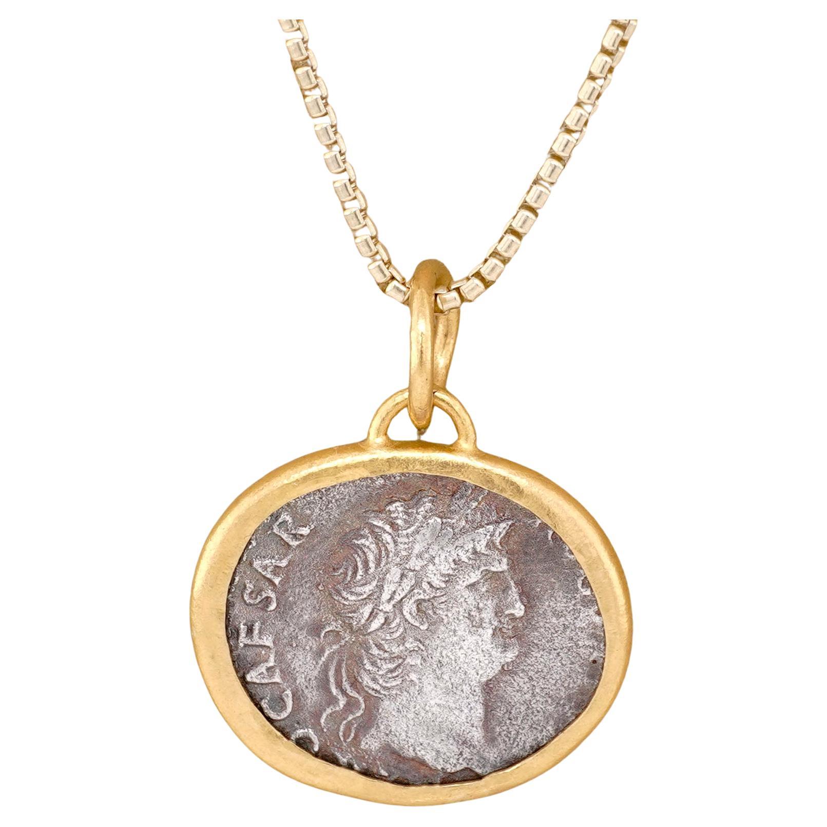 Julius Caesar Coin Replica Amulet Pendant Necklace with 24kt Gold and Silver