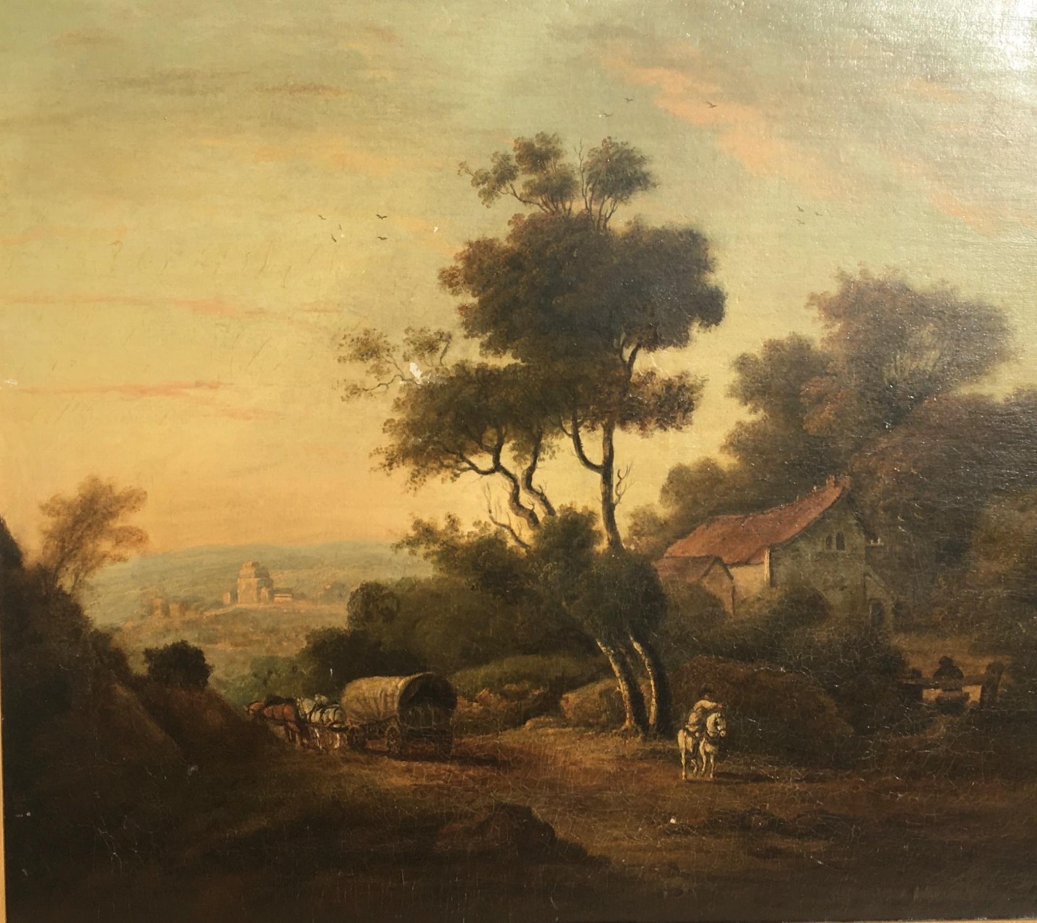 Julius Caesar Ibbetson 1759-1817 old master painting English, 18th century

This English school painting by Julius Caesar Ibbetson (1759-1817) depicts a countryside farm house off of a road with a horse drawn wagon and set in a mountain landscape.
