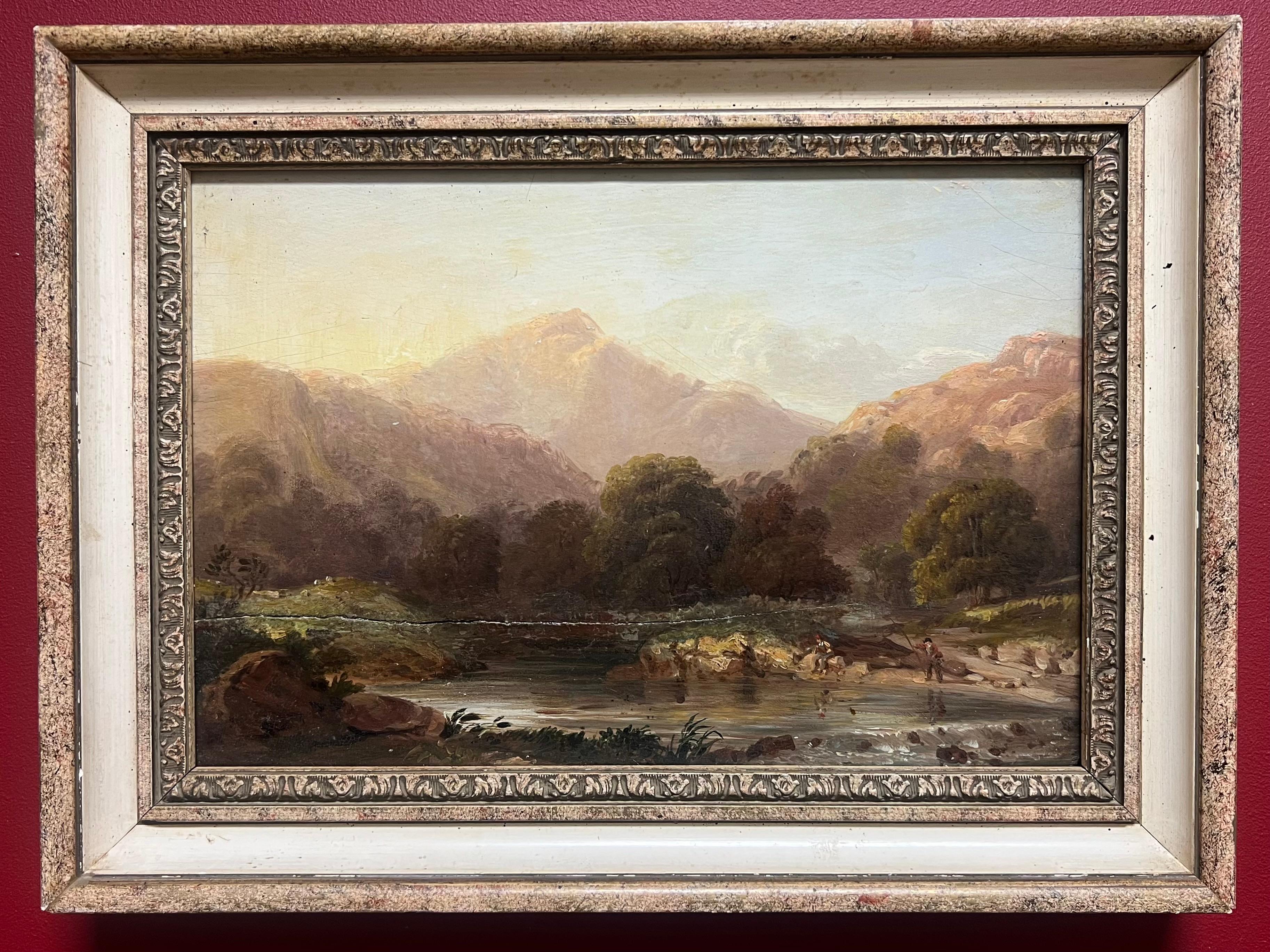 Antique Scottish Oil Highland Landscape Anglers Fishing Autumnal River des années 1800 - Painting de Julius Caesar Ibbetson (1759–1817)