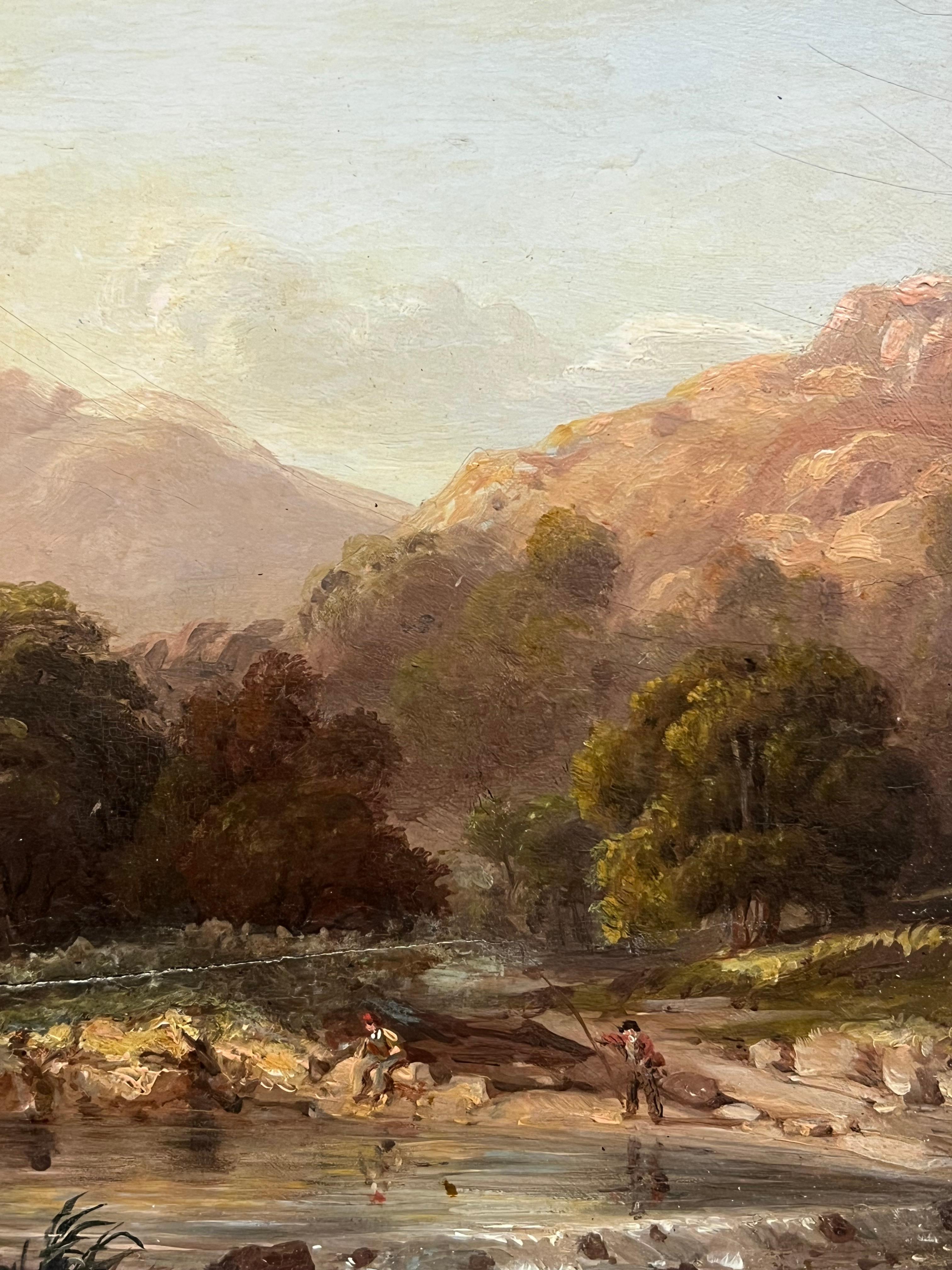 Antique Scottish Oil Highland Landscape Anglers Fishing Autumnal River des années 1800 - Victorien Painting par Julius Caesar Ibbetson (1759–1817)