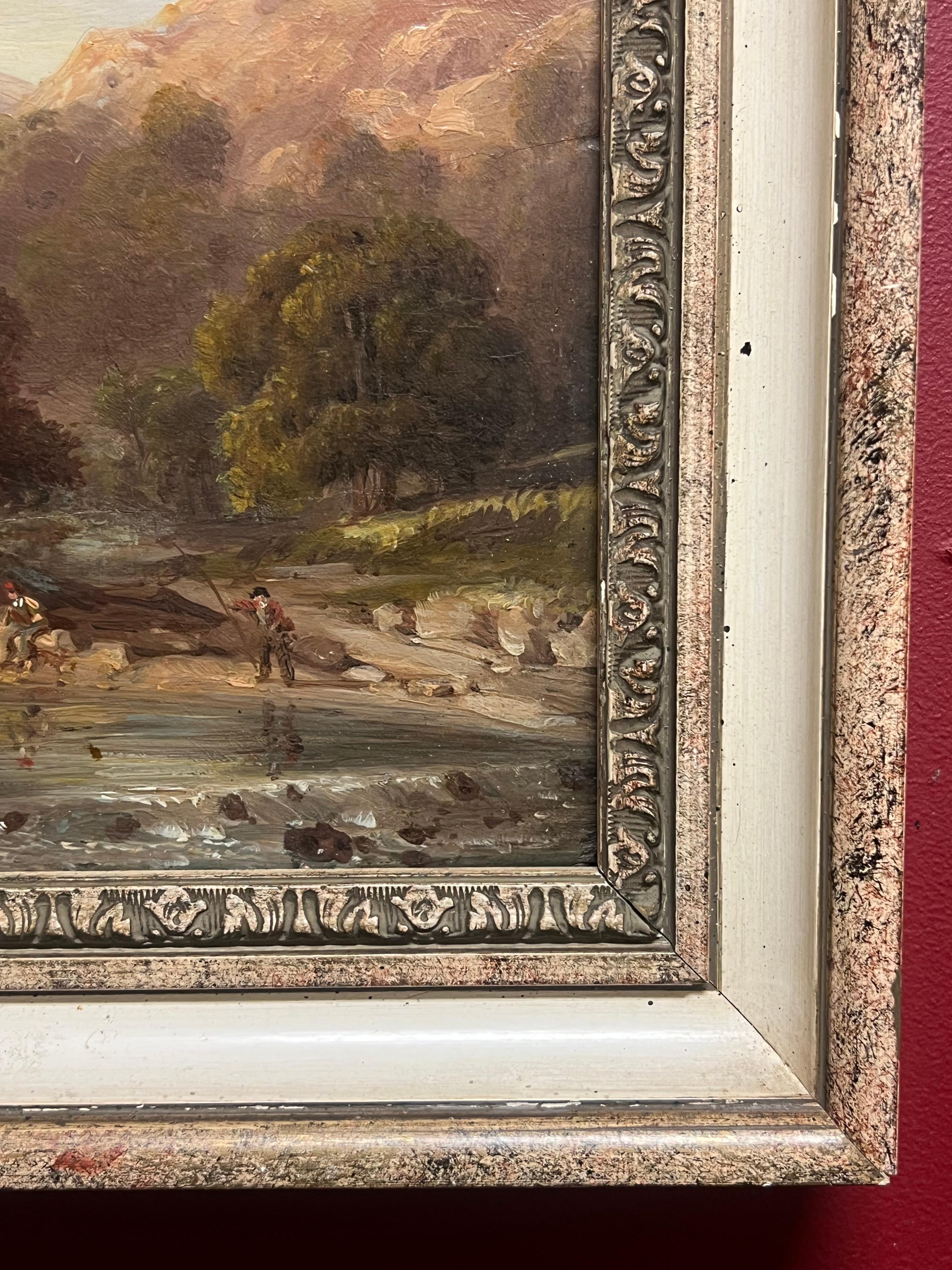 Antique Scottish Oil Highland Landscape Anglers Fishing Autumnal River des années 1800 - Beige Landscape Painting par Julius Caesar Ibbetson (1759–1817)