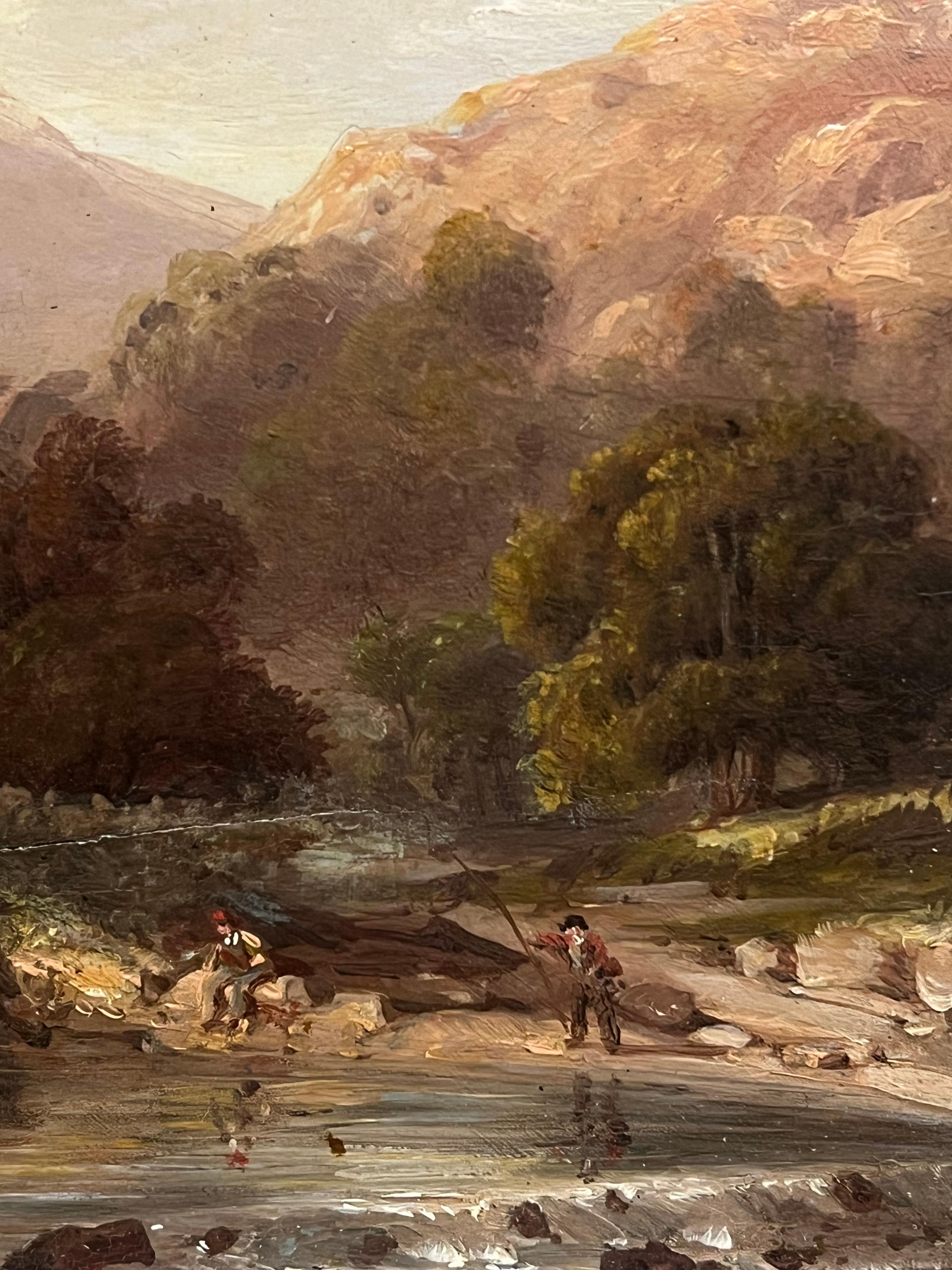Pêche dans les Highlands 
attribué à Julius Caesar Ibbetson (1759-1817) 
inscrit au verso
huile sur panneau de bois, encadré
Encadré : 11 x 15 pouces
panneau : 8.5 x 13 pouces
Collectional : collection privée, Suffolk, Angleterre.
Condit : il y a