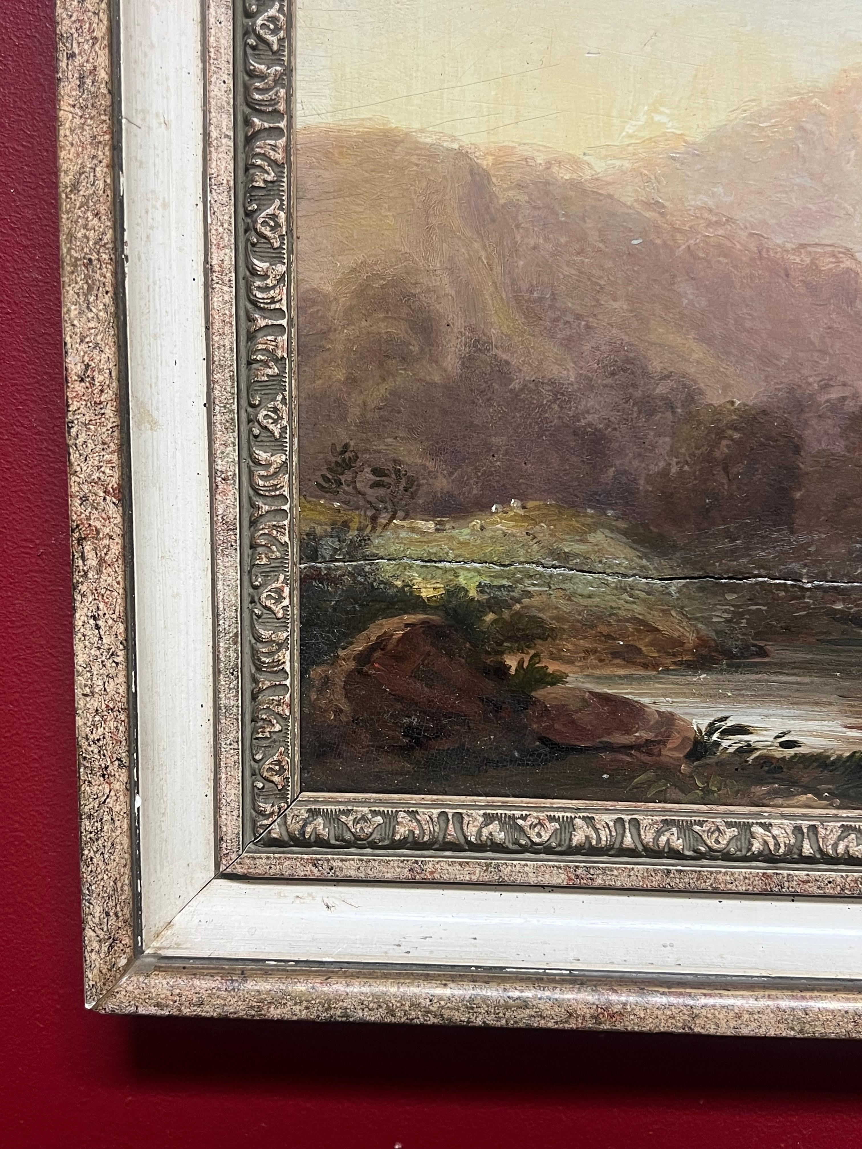 Antique Scottish Oil Highland Landscape Anglers Fishing Autumnal River des années 1800 en vente 2