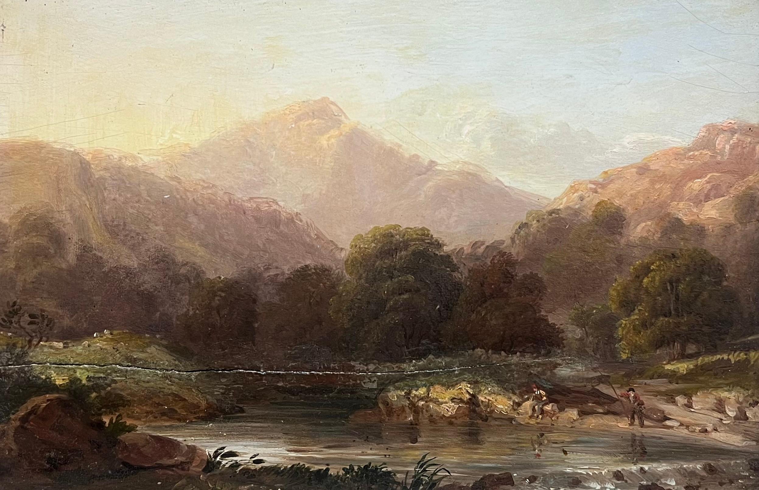 Landscape Painting Julius Caesar Ibbetson (1759–1817) - Antique Scottish Oil Highland Landscape Anglers Fishing Autumnal River des années 1800