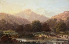 Antiguo c.1800's Óleo Escocés Paisaje Highland Pescadores Río Otoñal