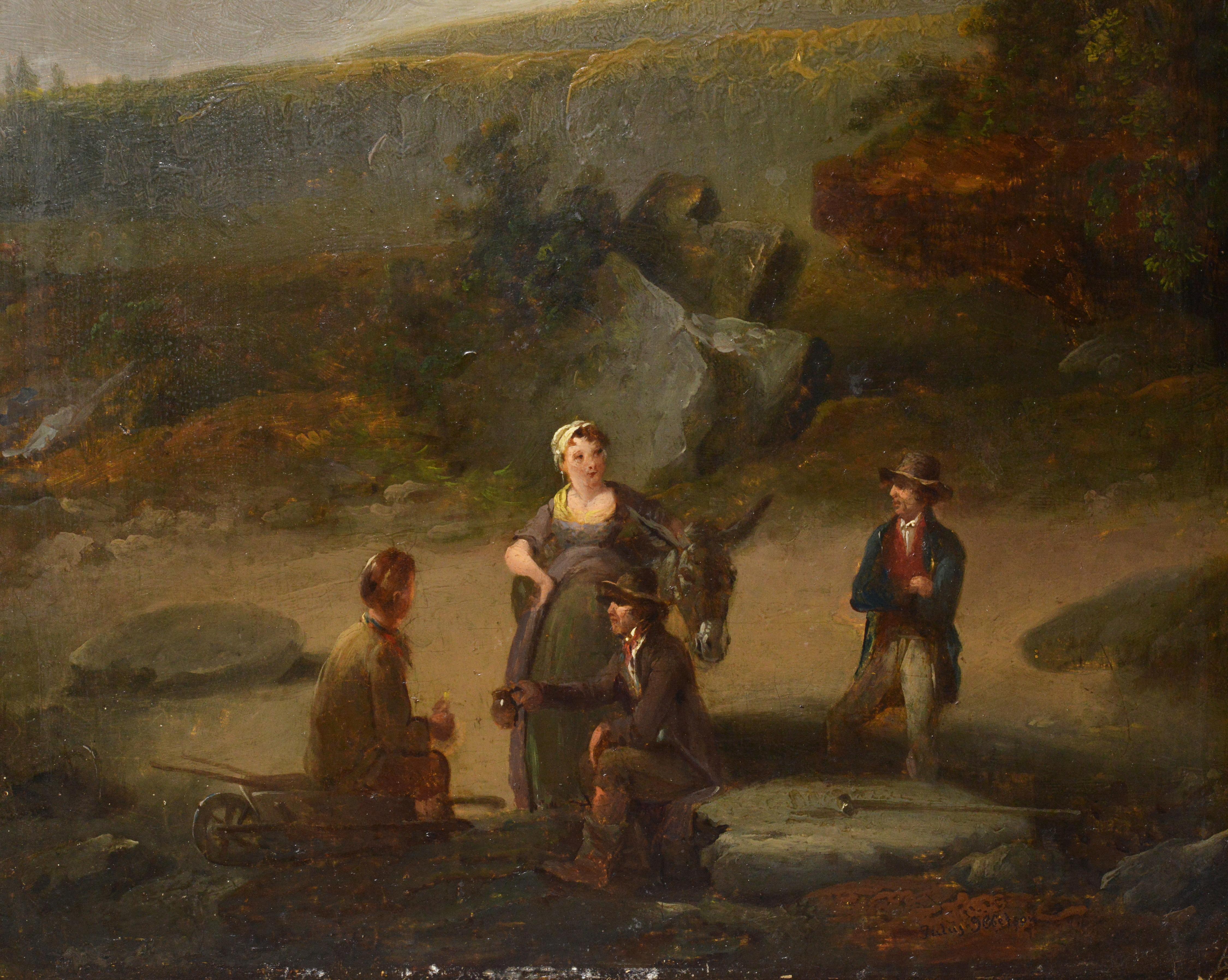 British landscape Dialogue at lunchtime 18th century Oil painting on wood - Painting by Julius Caesar ibbetson