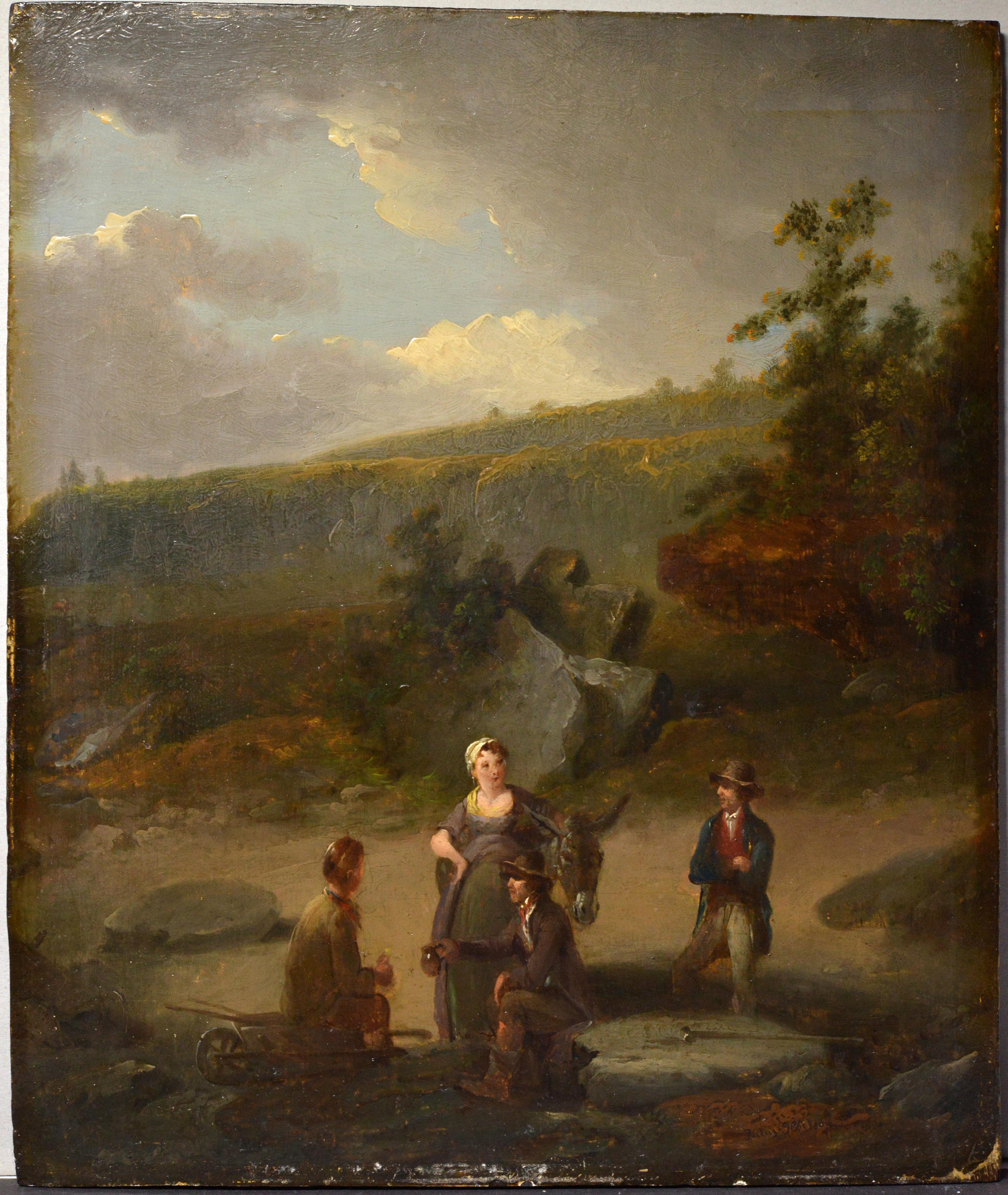 British landscape Dialogue at lunchtime 18th century Oil painting on wood