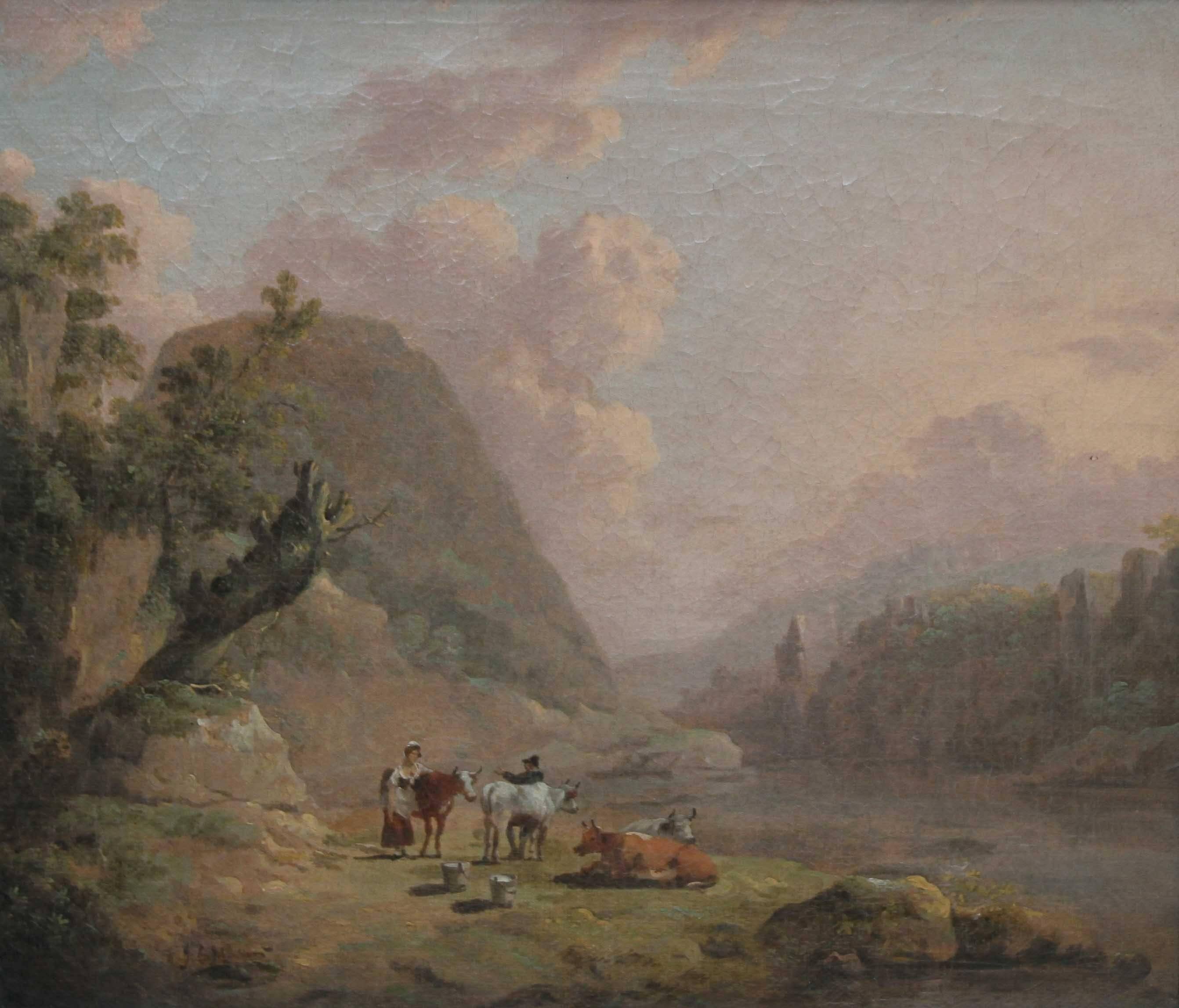 Cattle Resting in an Open Landscape - Old Master British art river oil painting  - Painting by Julius Caesar ibbetson
