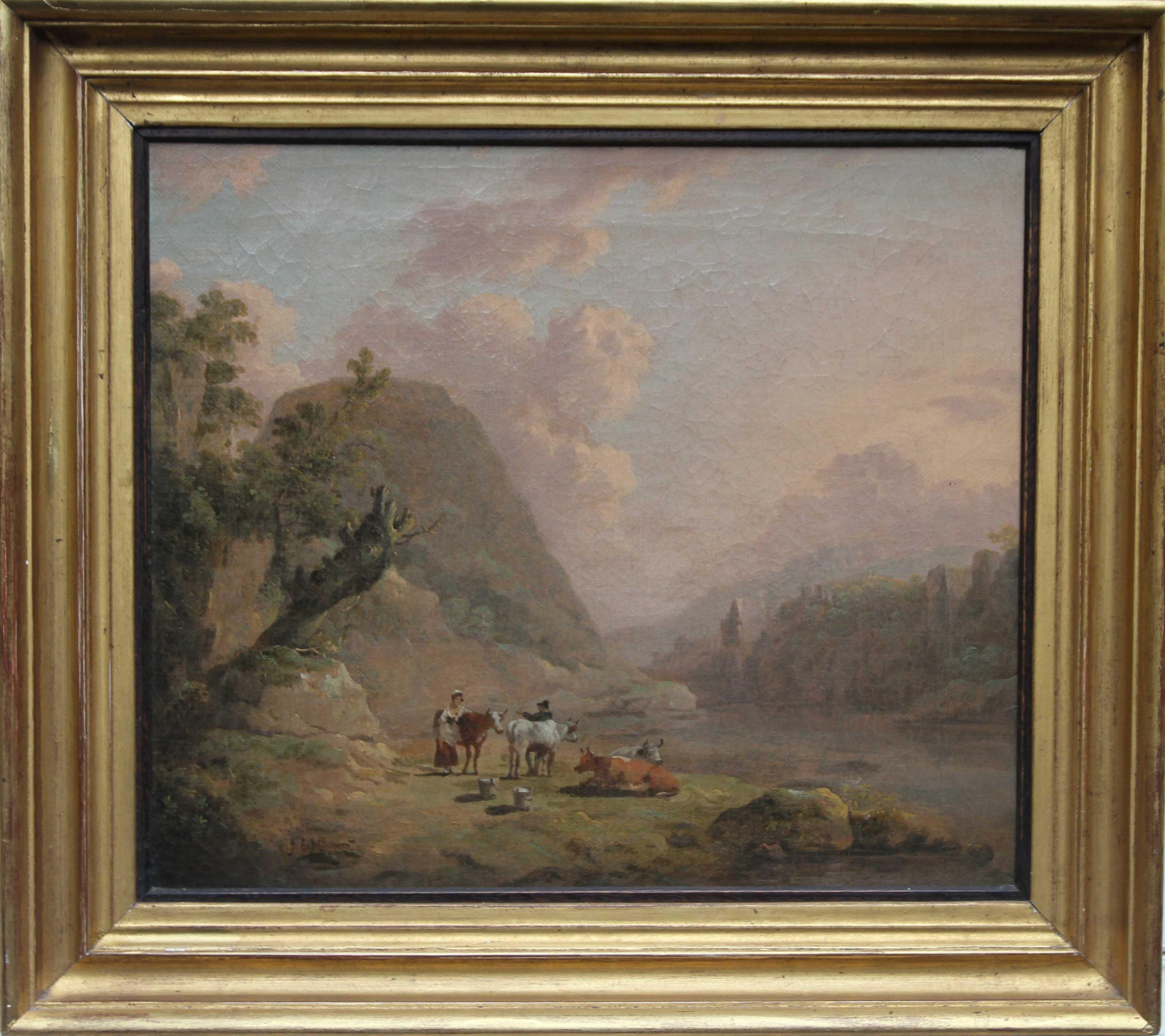 A fine delicate and sensitive oil on canvas which dates to circa 1790 by noted British landscape artist Julius Caesar Ibbetson. A stunning panoramic view, it depicts cattle resting in an open landscape by a stream A fine large example of his work.