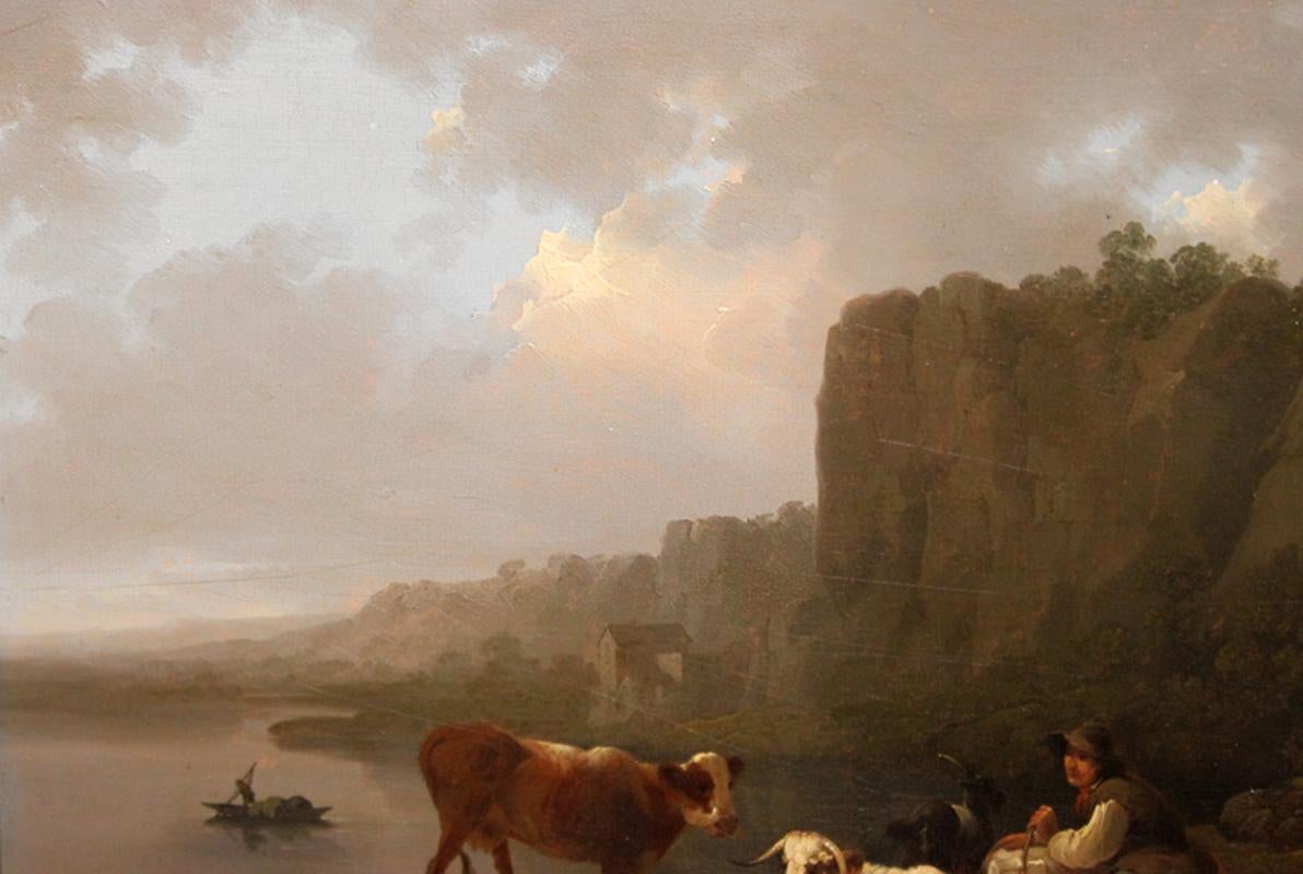 Landscape with cows - Brown Landscape Painting by Julius Caesar ibbetson