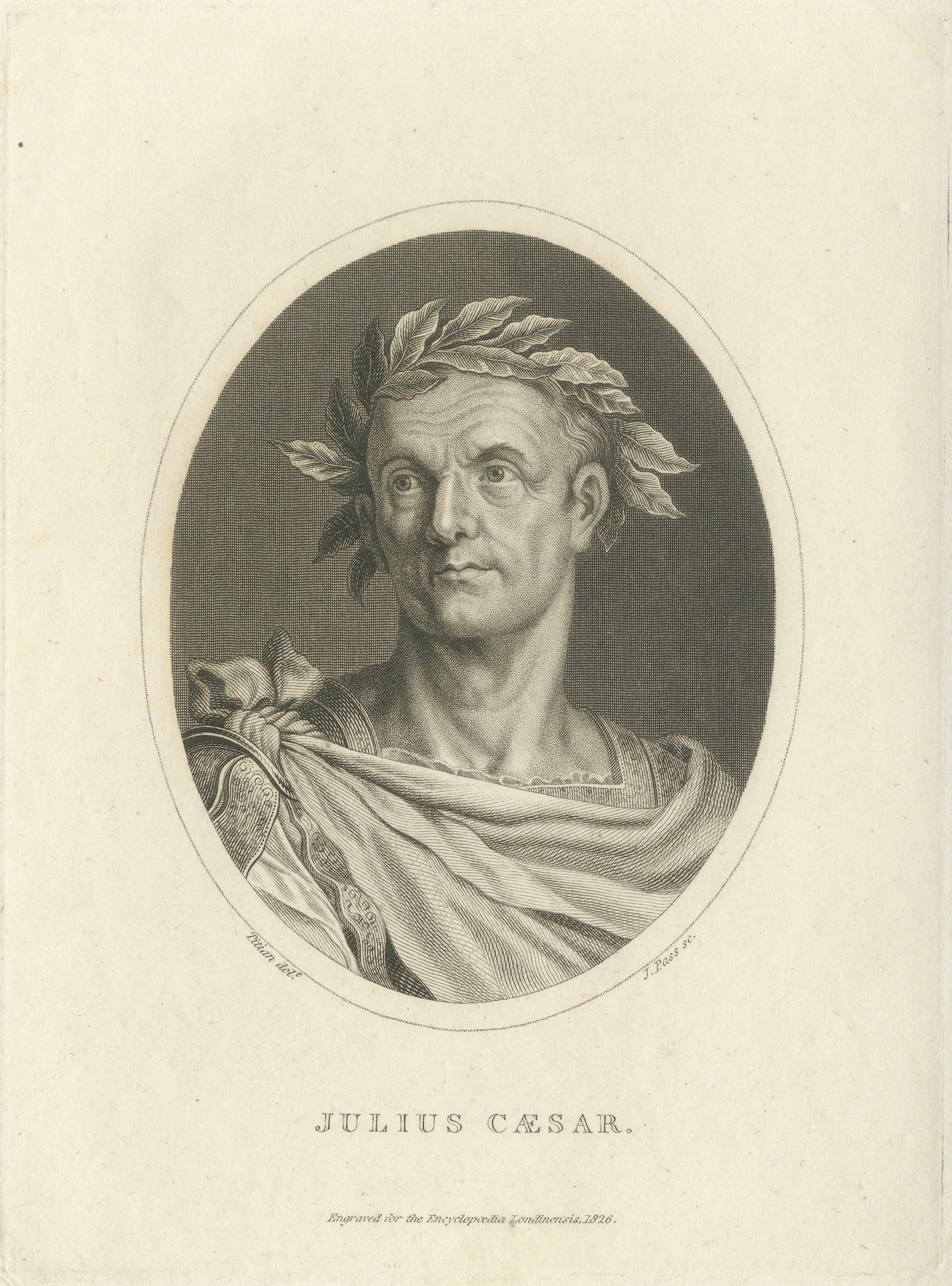 Julius Caesar Portrait, Antique Engraving, Roman History Print, 1826