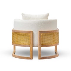 Julius Caned Armchair, White Gobi Fabric seat, Natural Limed Oak, Cane Structure