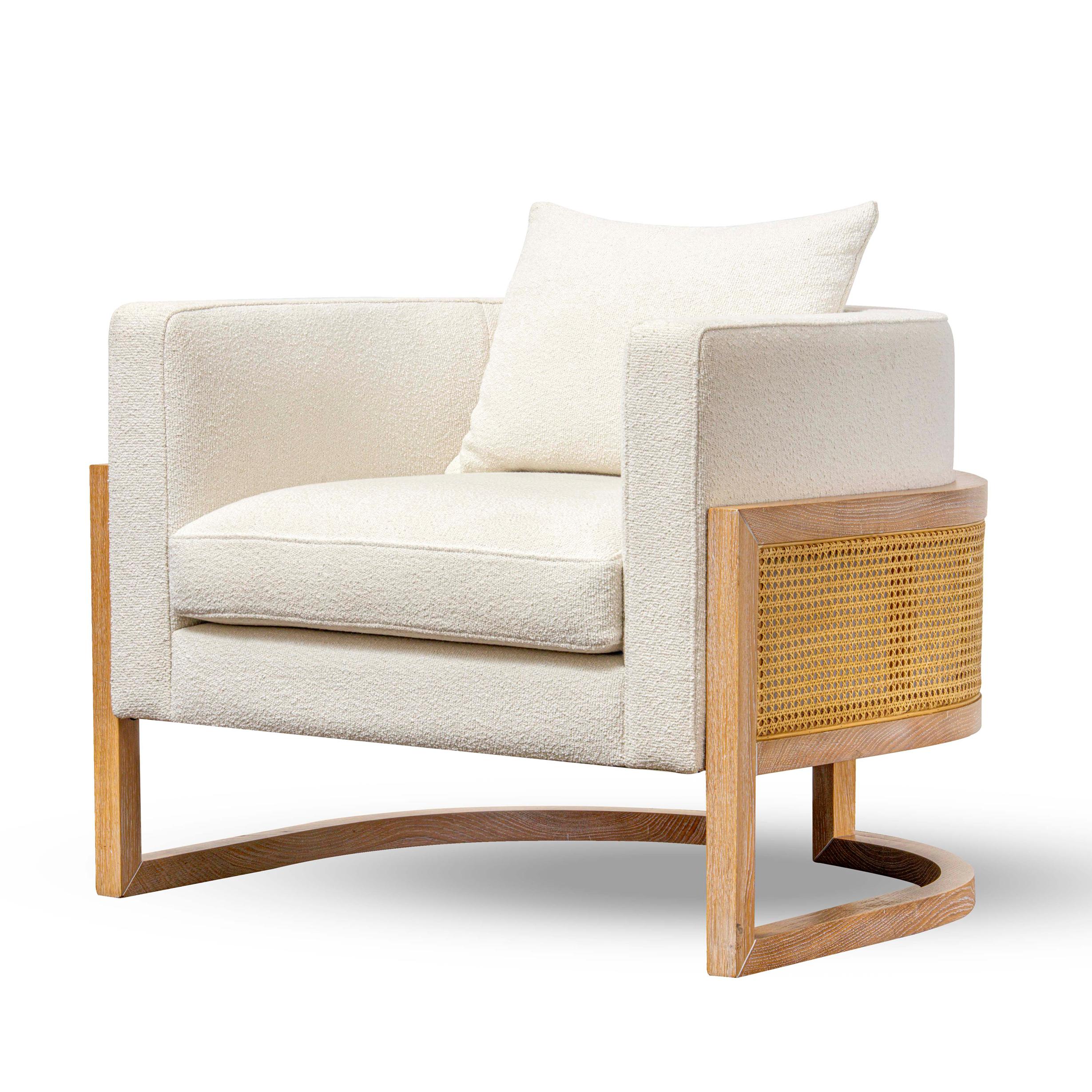 Julius Canned Armchair by Duistt
Dimensions: W 86 x D 84 x H 70 cm
Materials: Duistt Fabric, Oak, Natural Cane
Notes: One back cushion included

The JULIUS caned armchair, crafted with great attention to detail, gives us clean and modern lines