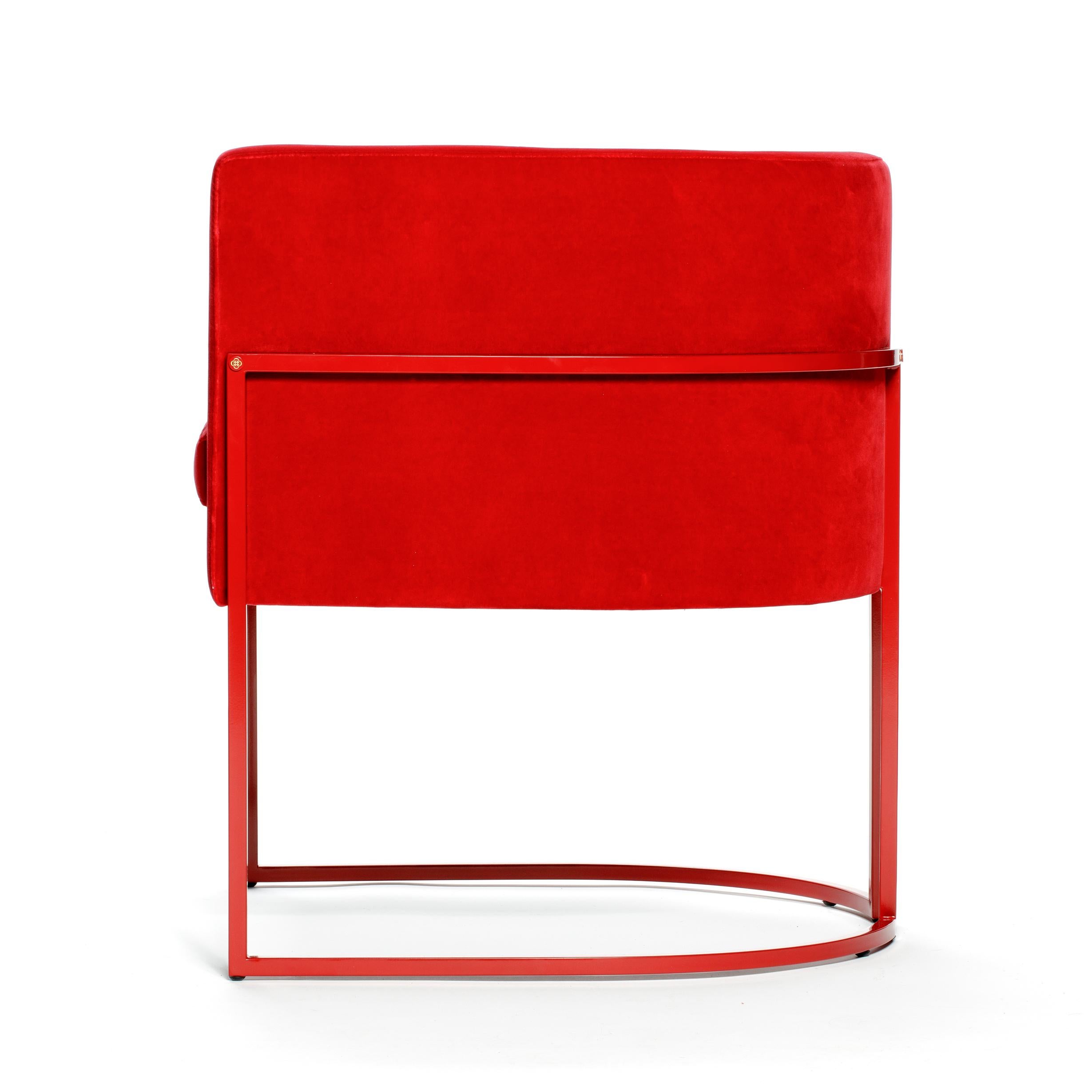 Mid-Century Modern Julius Chair, in Red Velvet Lacquered Iron, Handcrafted in Portugal by Duistt For Sale