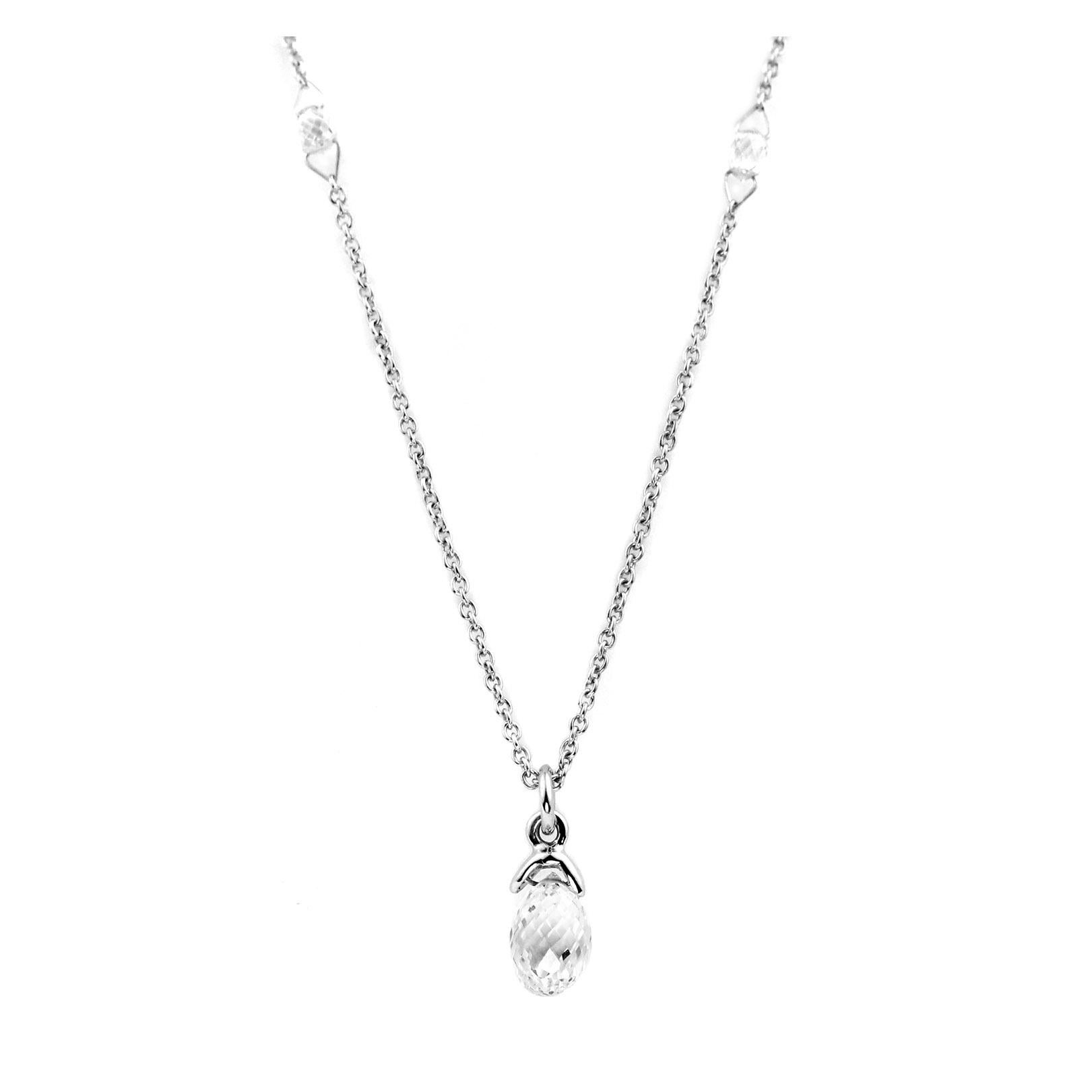 This delicate necklace features a solitary 1.07 Cts. Diamond briolette drop in a simple Platinum setting fixed on an 18 Kt White Gold chain.  The chain contains 9 hand-jeweled, briolette Diamond beads (.90 Cts.) for a little extra sparkle.

Necklace