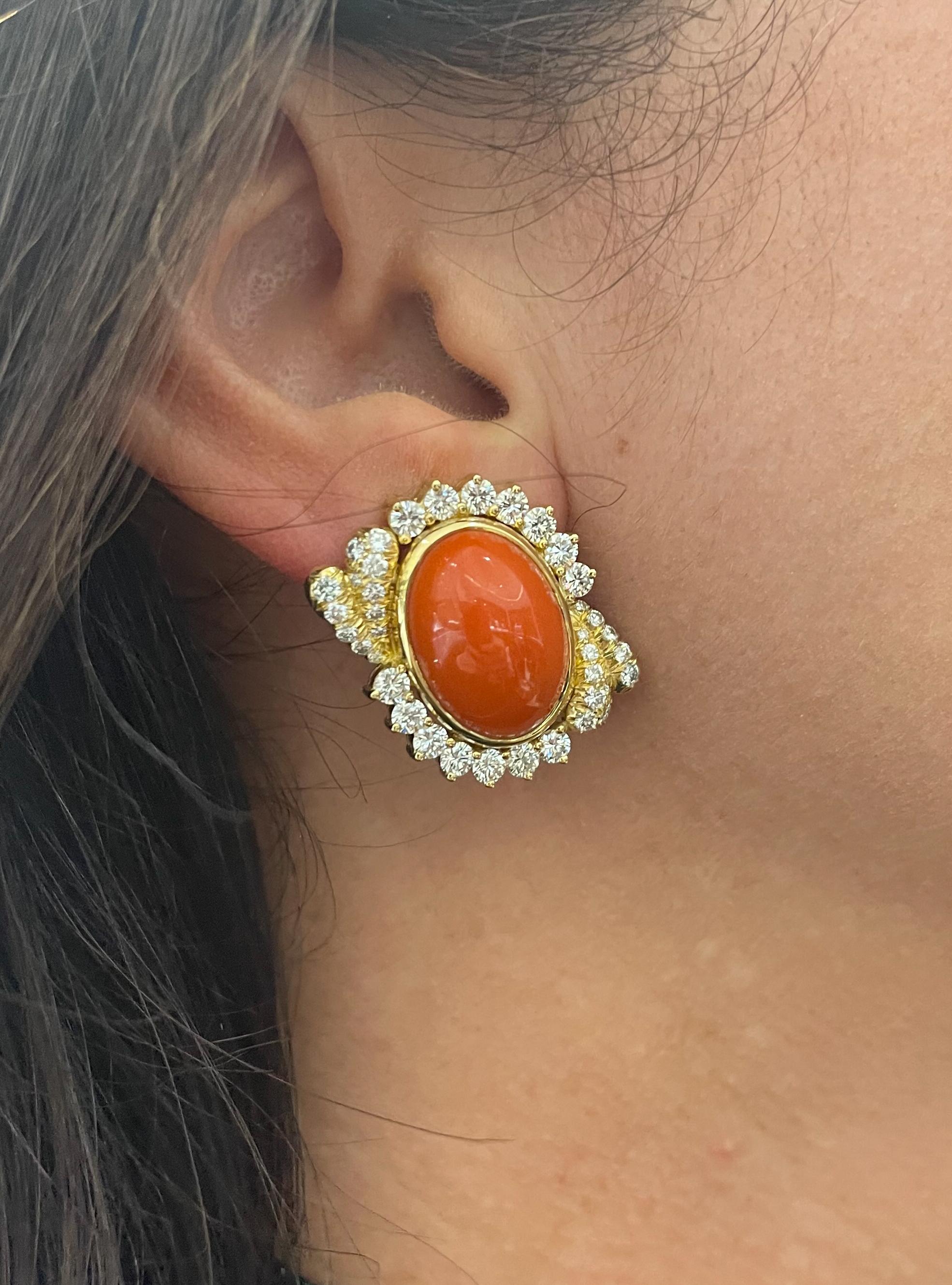 Julius Cohen 1970s 18k Yellow Gold Coral & Diamond Earrings 6