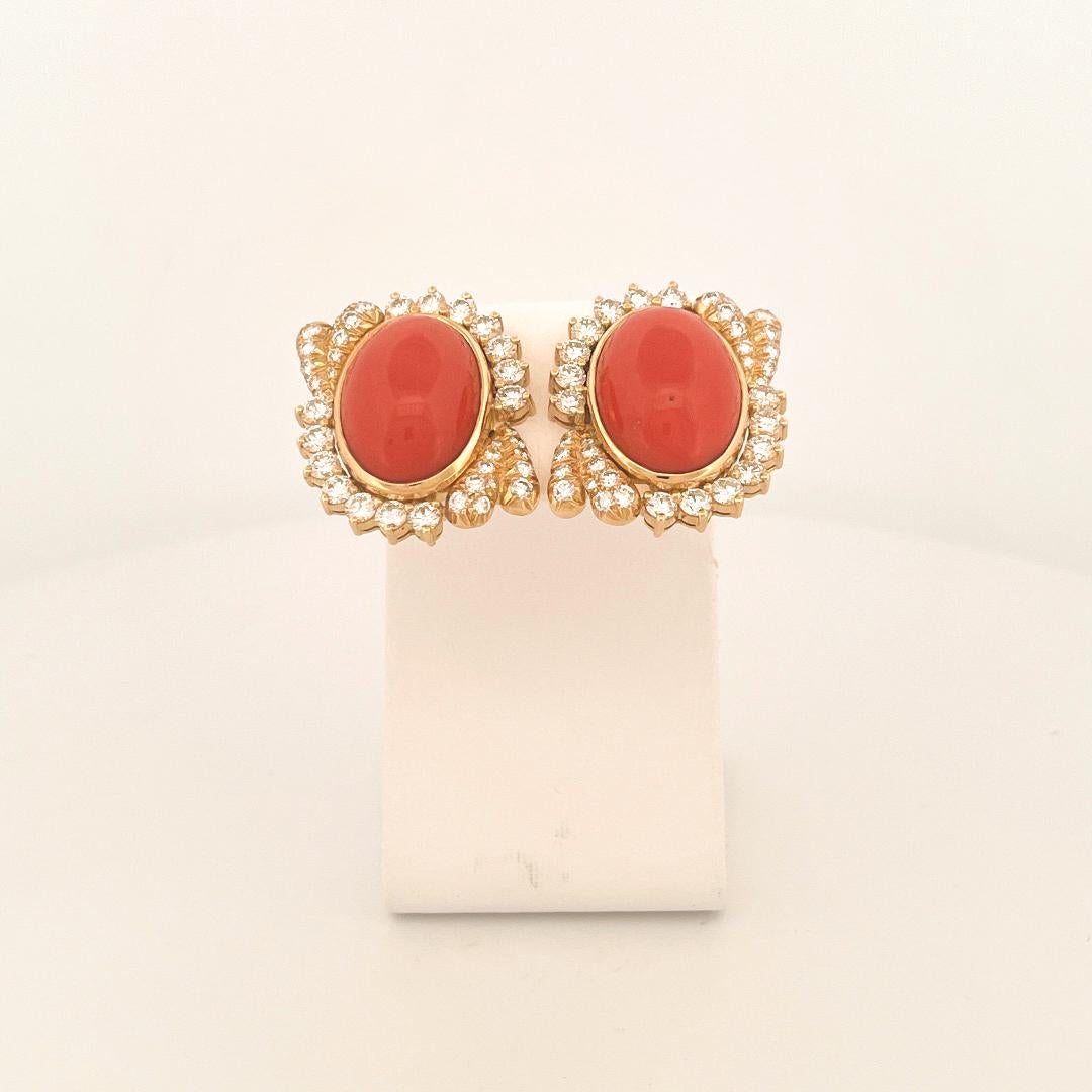 Modern Julius Cohen 1970s 18k Yellow Gold Coral & Diamond Earrings
