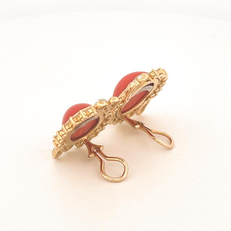 Julius Cohen 1970s 18k Yellow Gold Coral & Diamond Earrings 1